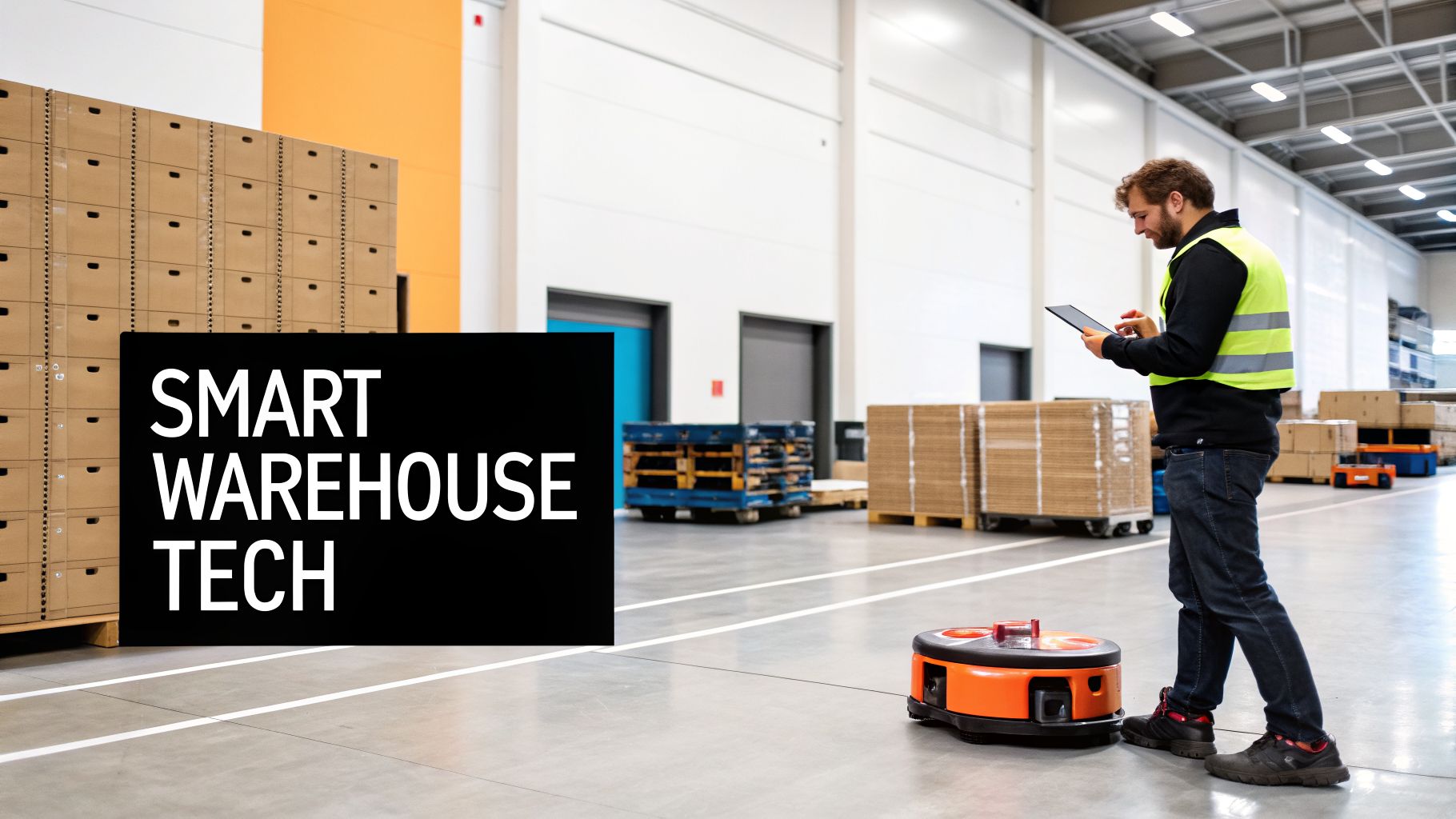 A Guide to Warehousing in UAE for Modern Businesses 3 A worker controls an autonomous mobile robot (AMR) with a tablet in a modern smart warehouse.