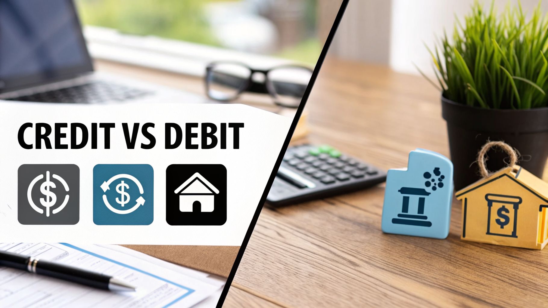 What Is a Credit Note? Essential Guide for UAE Businesses in 2026 3 Financial concept contrasting credit vs debit, featuring icons for money, transactions, bank, and home on a desk.