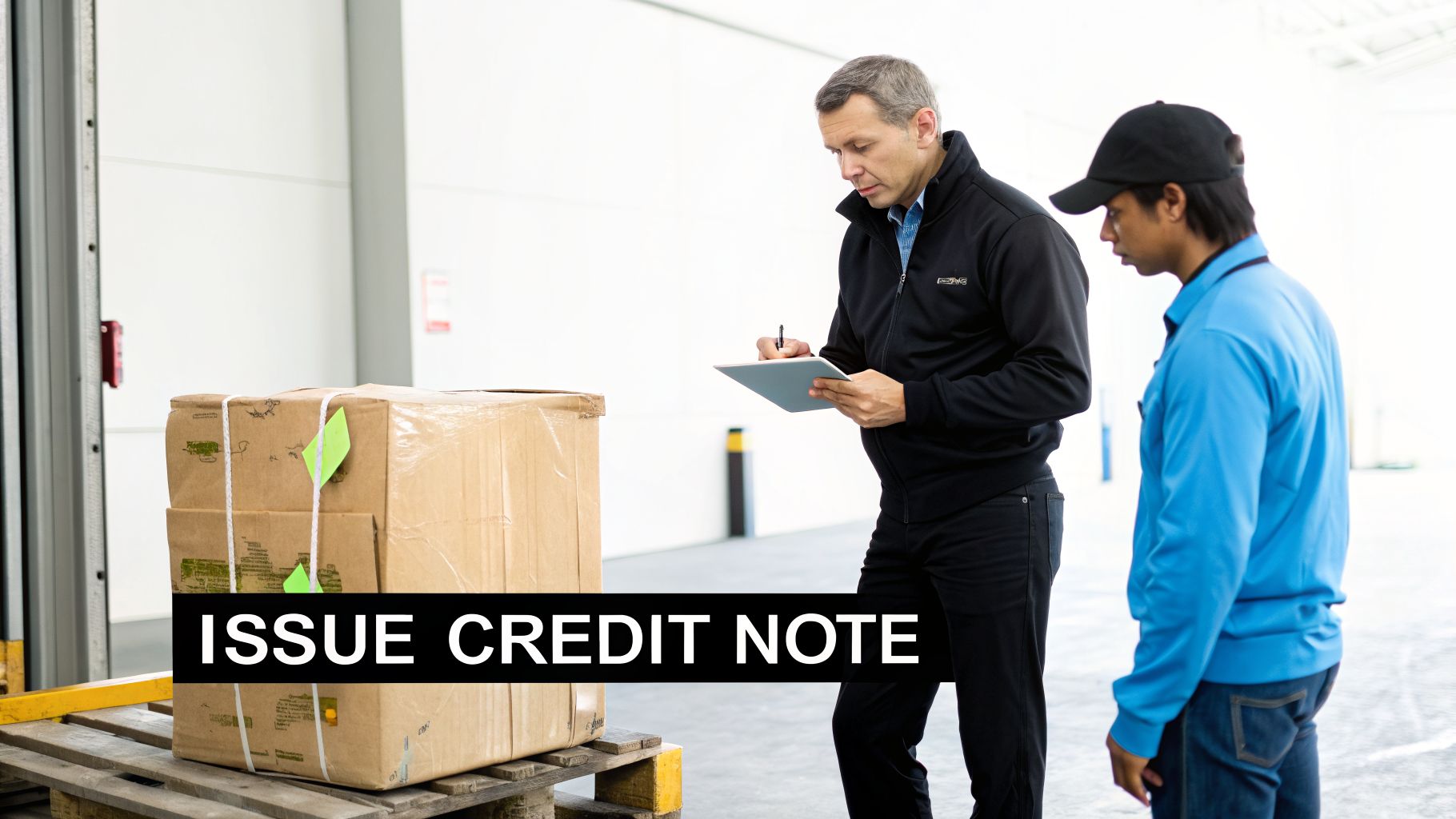 What Is a Credit Note? Essential Guide for UAE Businesses in 2026 2 Two men inspect packages on a pallet in a warehouse, one writing on a digital tablet.