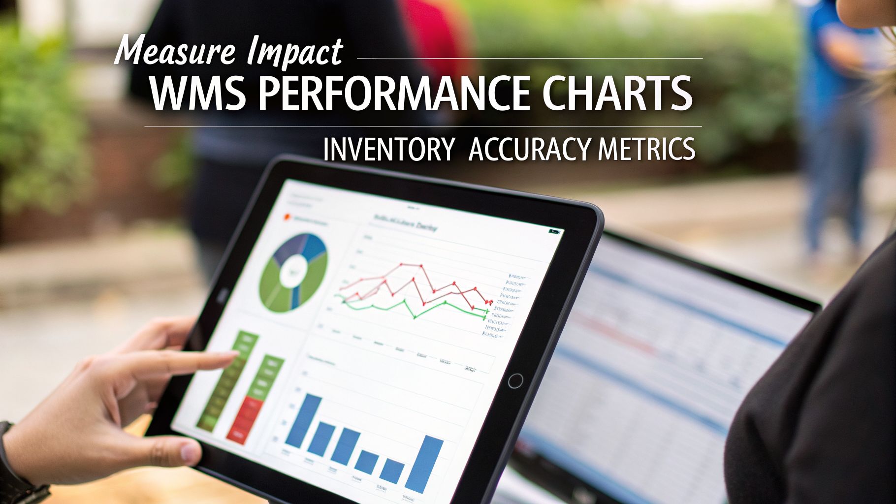 A Guide to WMS Systems Training for UAE and GCC Success 4 Hands interacting with a tablet displaying WMS performance charts and inventory accuracy metrics.