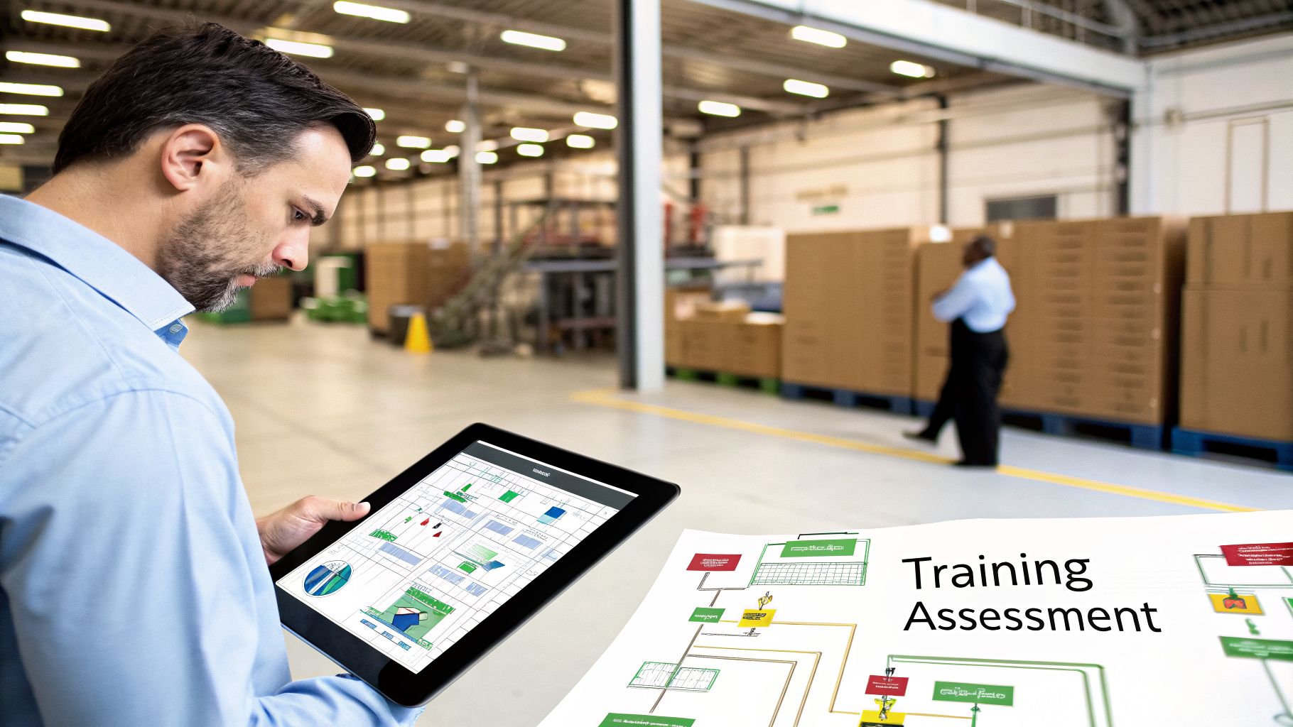 A Guide to WMS Systems Training for UAE and GCC Success 2 Man using a tablet with data in a warehouse, alongside a 'Training Assessment' document.