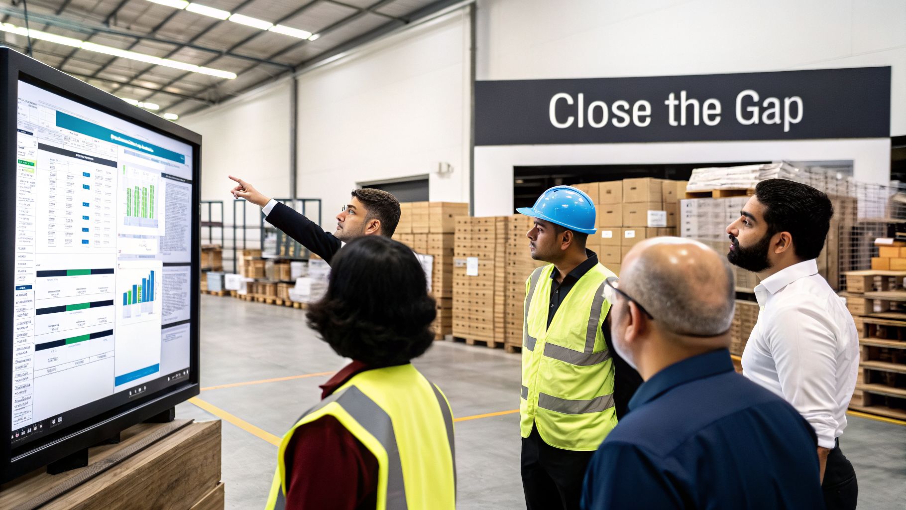 A Guide to WMS Systems Training for UAE and GCC Success 1 Logistics team collaborating, analyzing WMS data on an interactive screen in a warehouse.