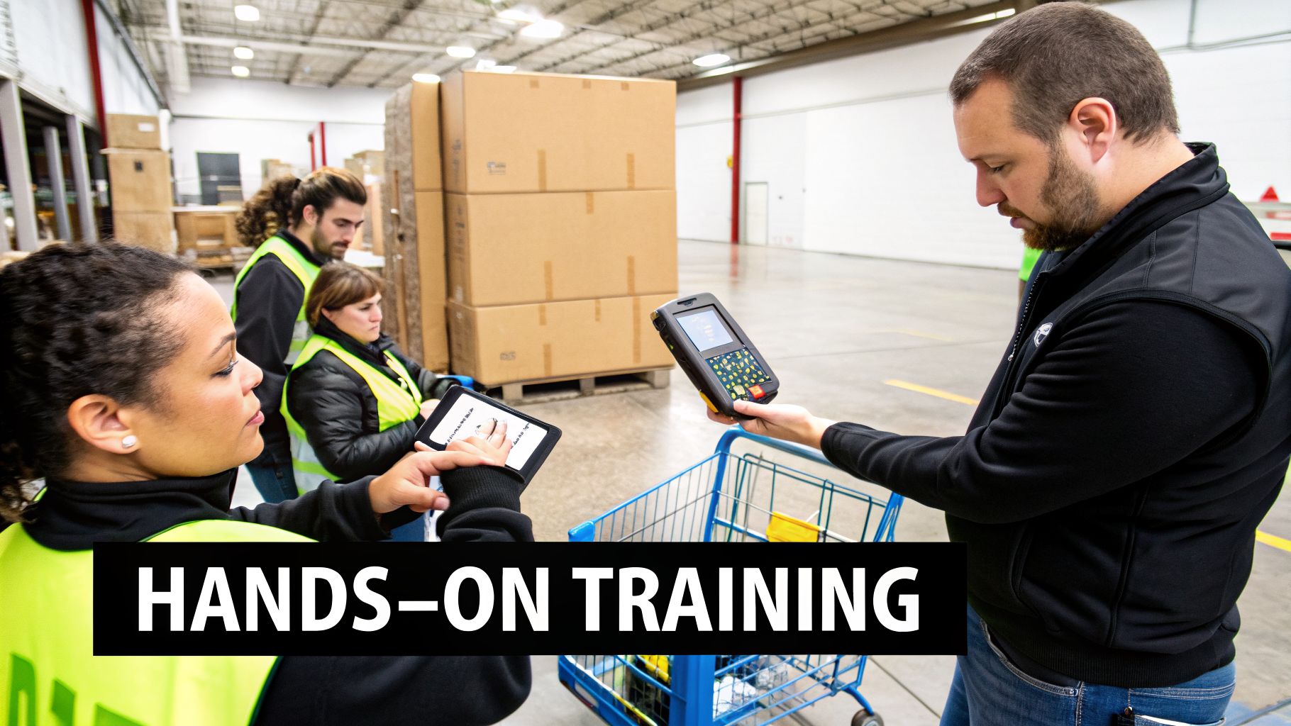 A Guide to WMS Systems Training for UAE and GCC Success 3 A group of warehouse employees receives hands-on training with handheld scanners and tablets for logistics.