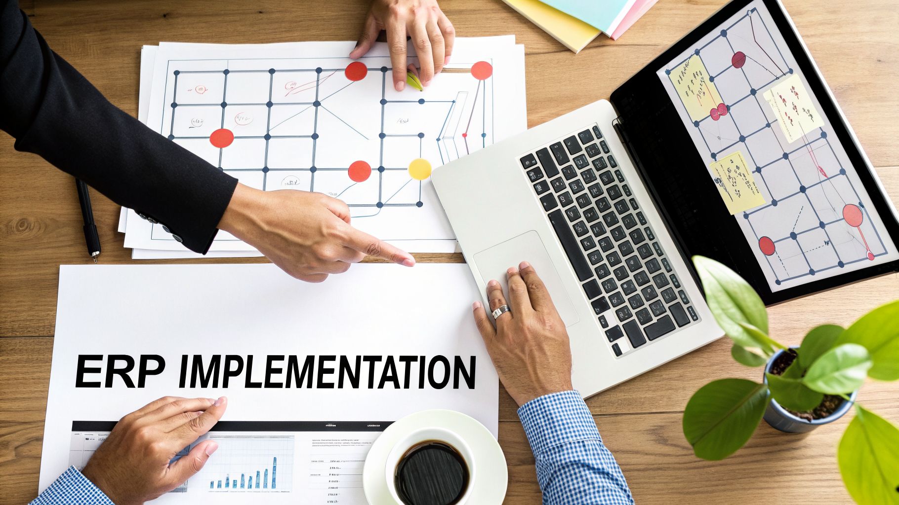 Accounting ERP UAE: Your Guide to Financial Growth in 2026 4 Overhead view of two people collaborating on ERP implementation, reviewing project plans and data on a desk.