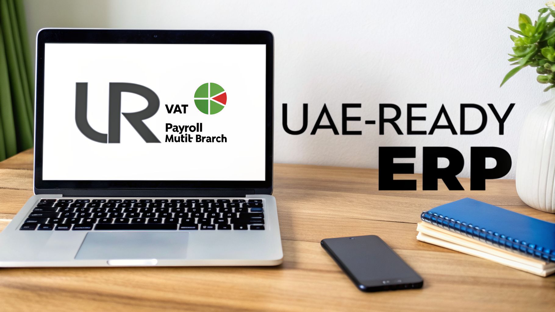 Accounting ERP UAE: Your Guide to Financial Growth in 2026 2 A laptop displaying business software for VAT, Payroll, and Multi-Branch operations, advertised as UAE-Ready ERP.