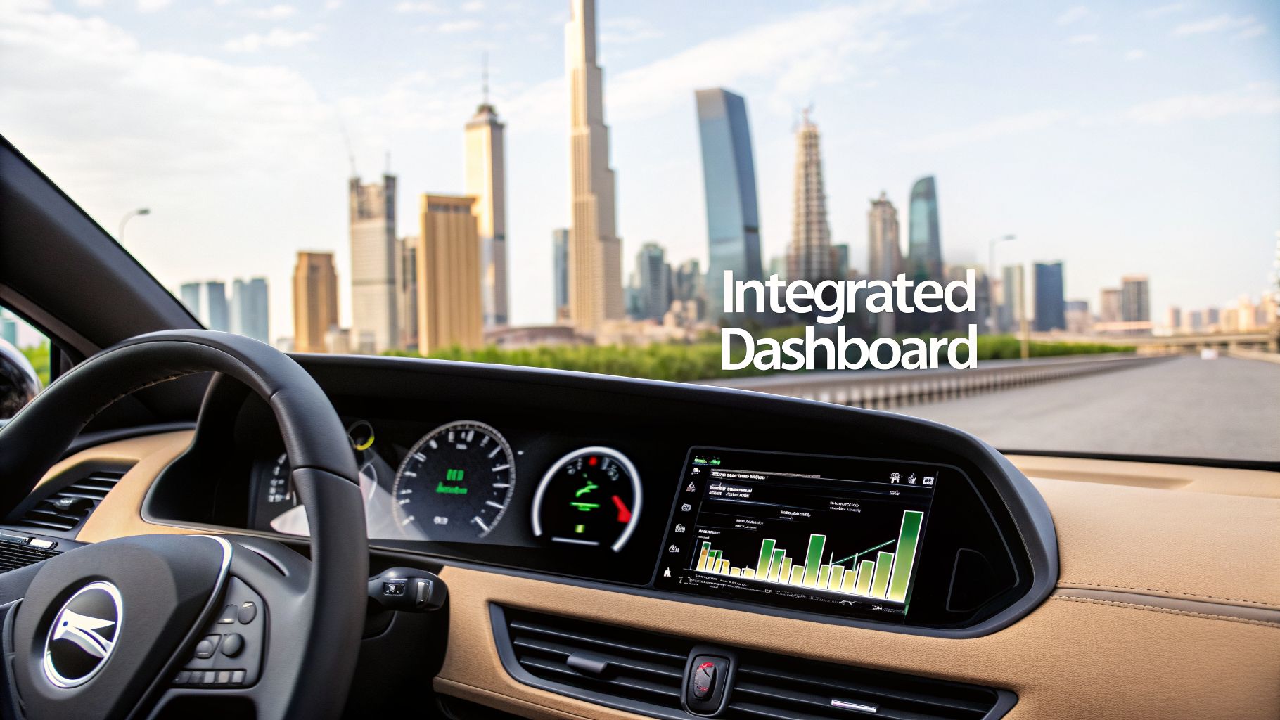 Accounting ERP UAE: Your Guide to Financial Growth in 2026 1 Inside a modern car, an integrated dashboard with a data display and gauges, overlooking a city skyline.