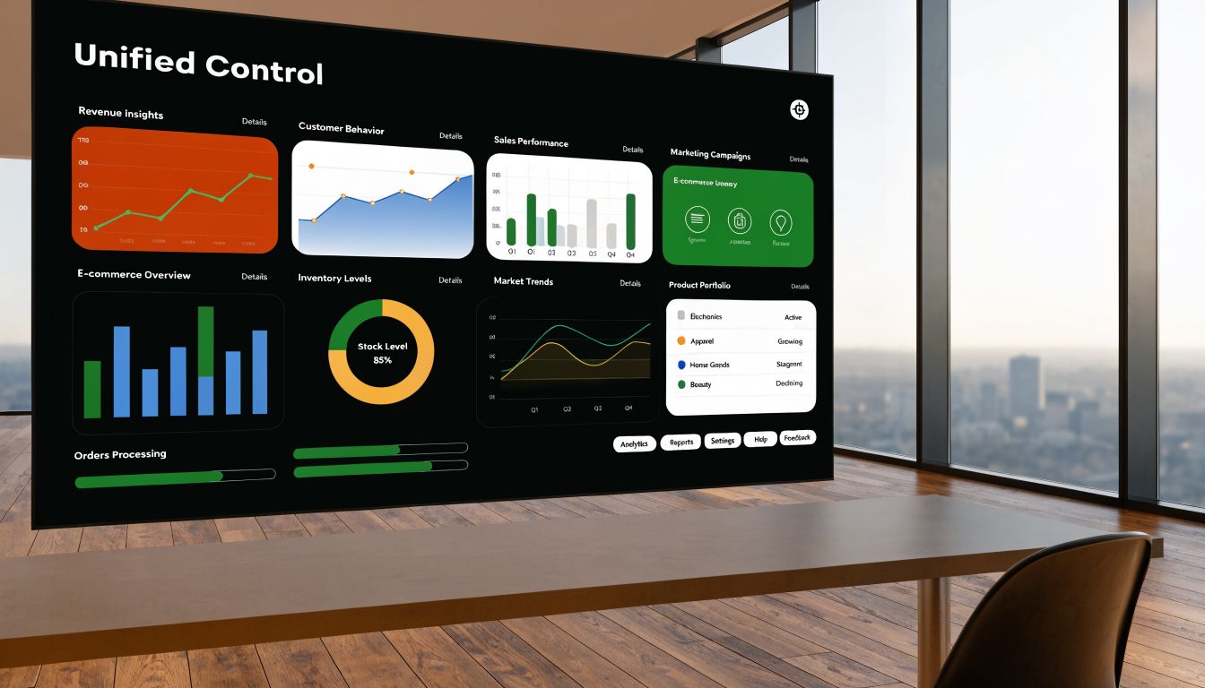 Best Arabic ERP Software UAE Solutions 2026 1 A modern boardroom featuring a large digital screen displaying a comprehensive business dashboard with various data analytics charts.