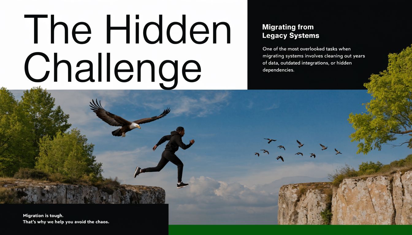Best Arabic ERP Software UAE Solutions 2026 3 A person leaping between two cliffs representing the complex challenge of migrating from legacy software systems.