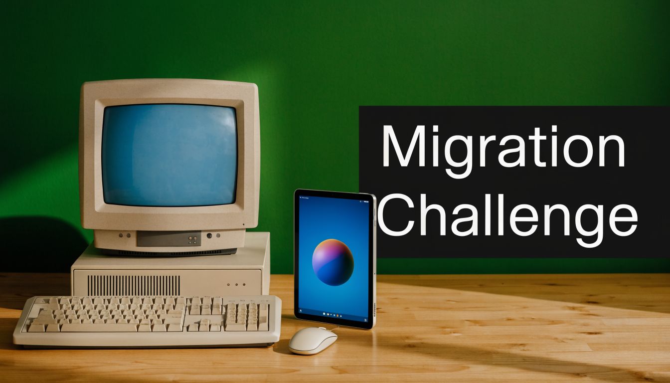 Best Arabic ERP Software UAE Solutions 2026 2 An old retro computer and a modern digital tablet are displayed together on a wooden table surface.