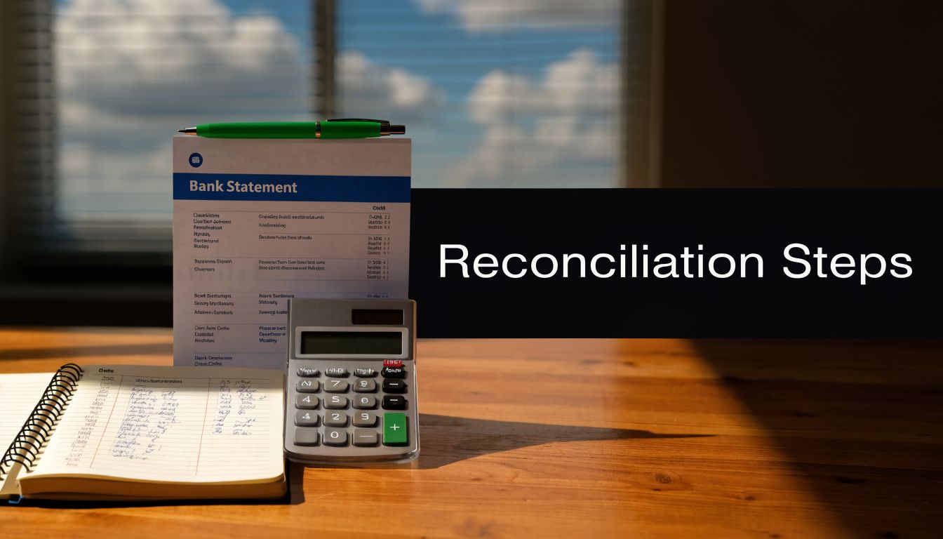 Bank Reconciliation Statement Format A Complete GCC Guide 1 A bank statement, notebook, and calculator on a wooden desk with a text overlay saying Reconciliation Steps.
