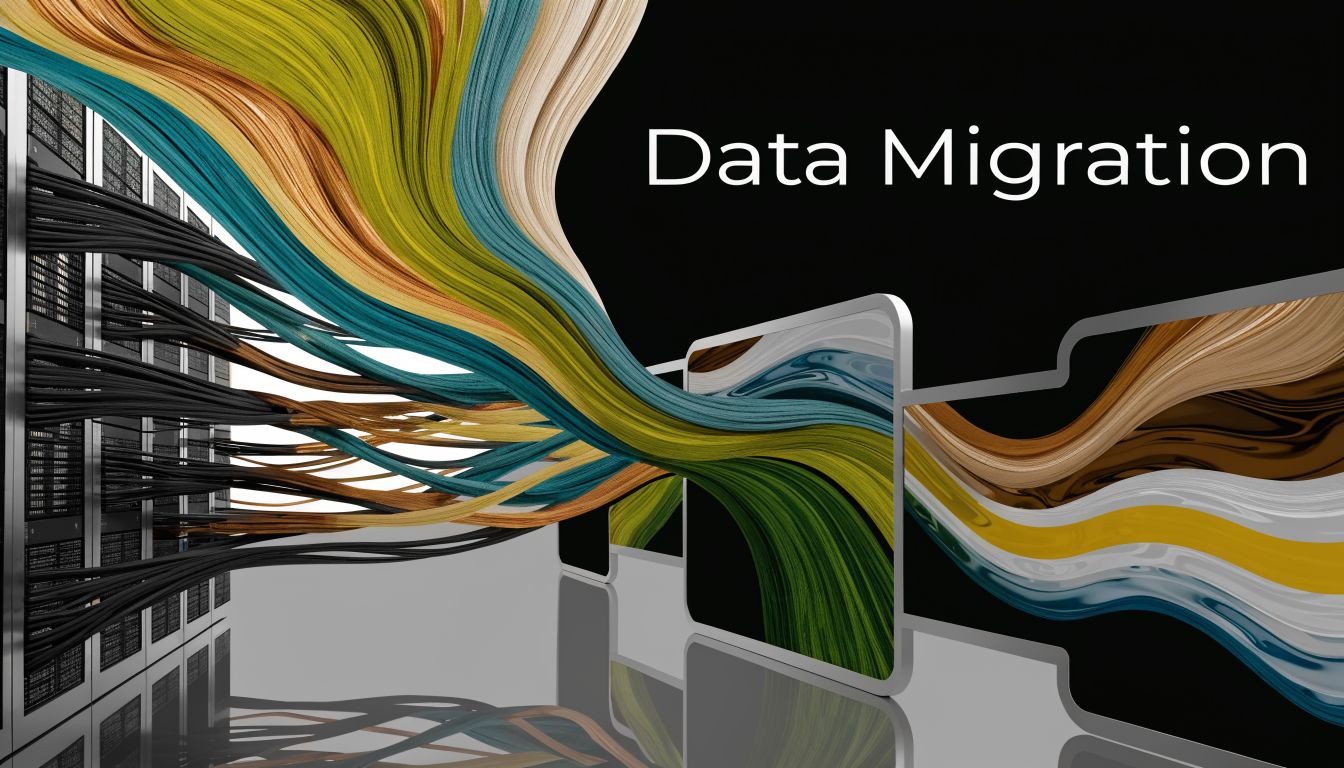 Bilingual ERP Arabic English for UAE/GCC Firms 2 Conceptual visualization of data migration showing colorful digital streams flowing from server racks into modern display screens.