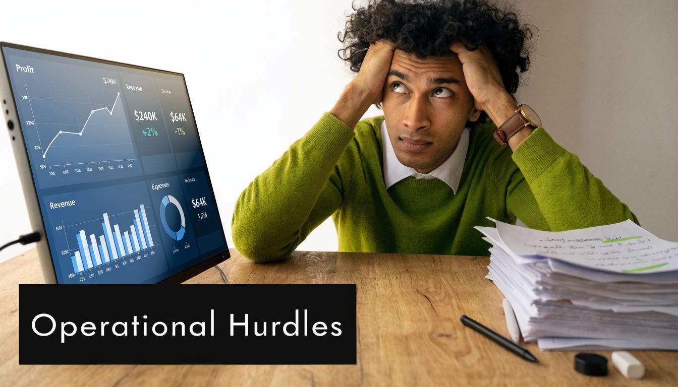 Bilingual ERP Arabic English for UAE/GCC Firms 1 A stressed man looking at a digital dashboard displaying business charts and financial data at his desk.