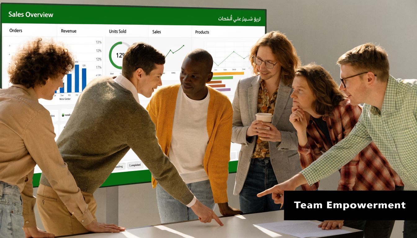 Bilingual ERP Arabic English for UAE/GCC Firms 3 A diverse team of professionals collaboratively analyzing sales data displayed on a large screen in an office.