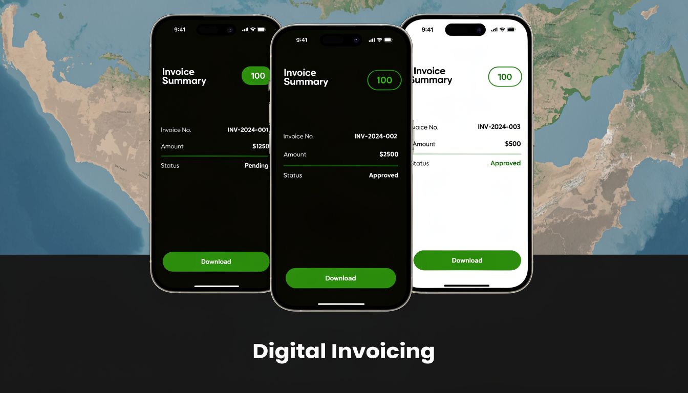Commercial Invoice and Invoice: A UAE & GCC Guide (2026) 2 Three smartphone screens displaying invoice summary interfaces with status details and download buttons against a map background.