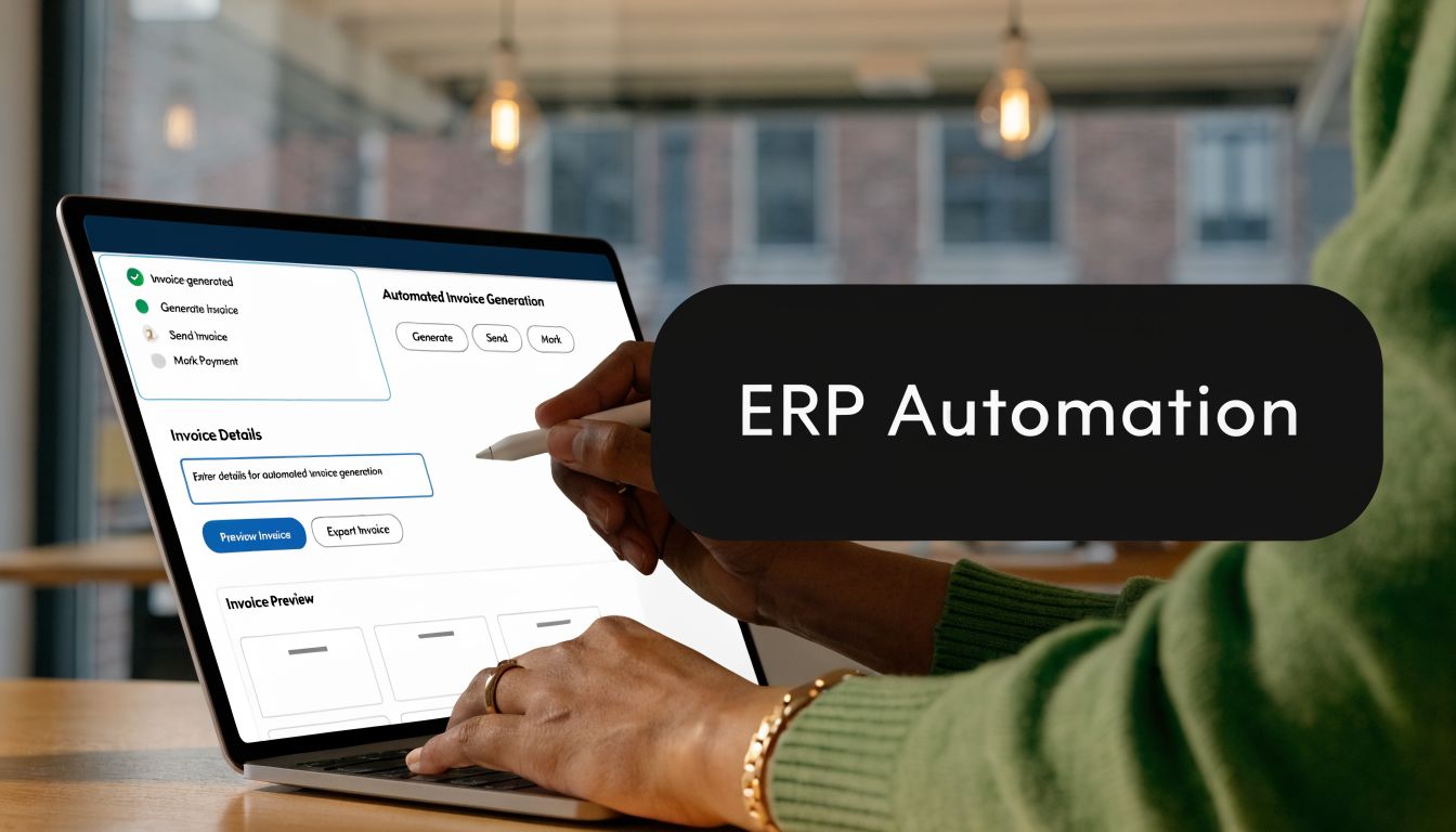 Commercial Invoice and Invoice: A UAE & GCC Guide (2026) 3 A person using a stylus on a laptop screen displaying an automated invoice generation interface for ERP software.