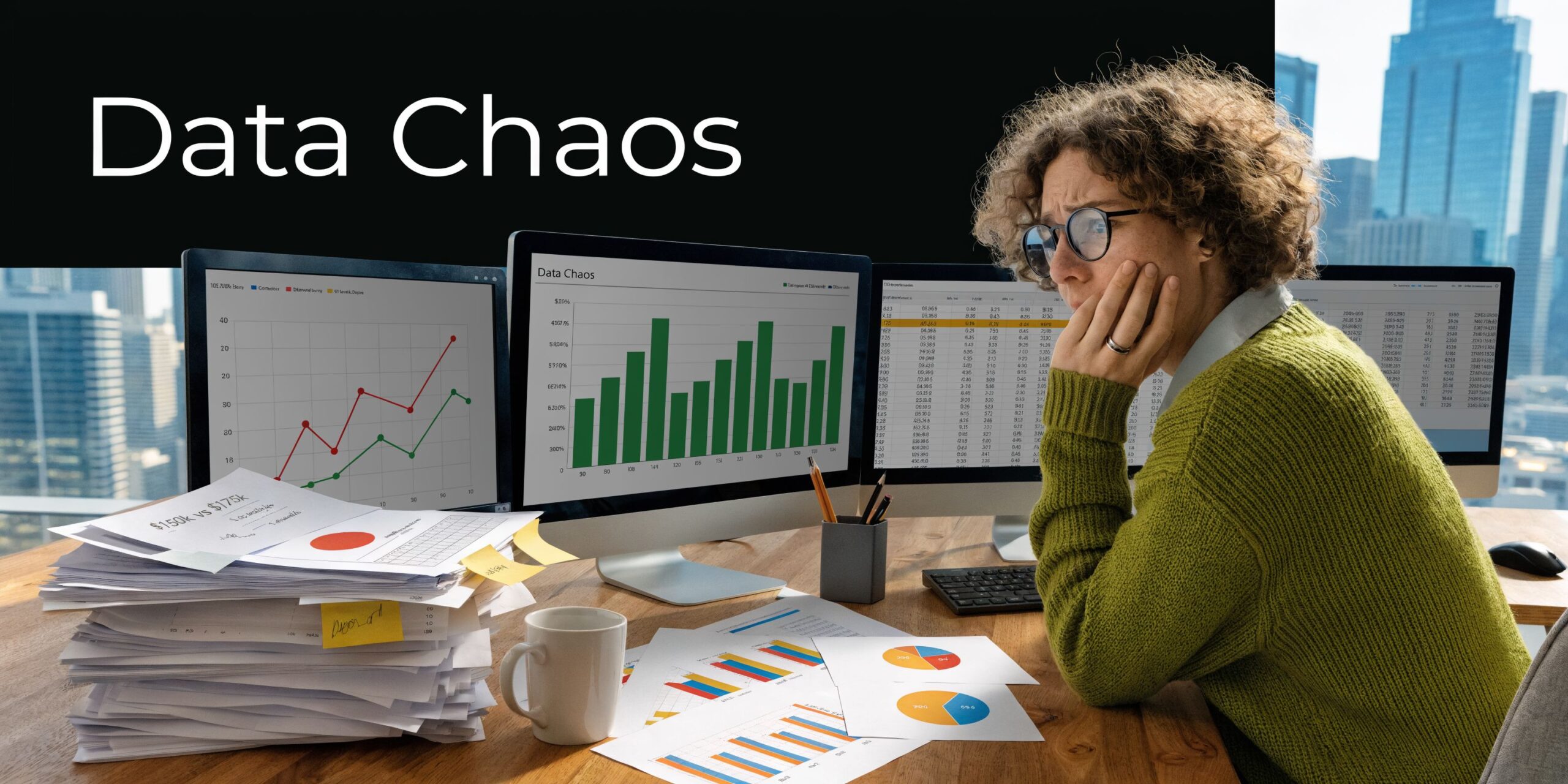 Boost Efficiency: ERP for Construction Companies UAE 1 A person looking overwhelmed at a desk cluttered with charts and data, representing modern data chaos.