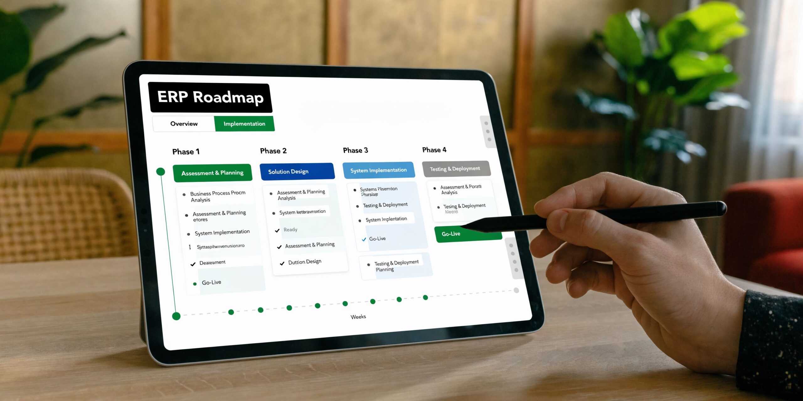 Boost Efficiency: ERP for Construction Companies UAE 3 A person using a stylus on a tablet displaying an ERP roadmap for project implementation and deployment.