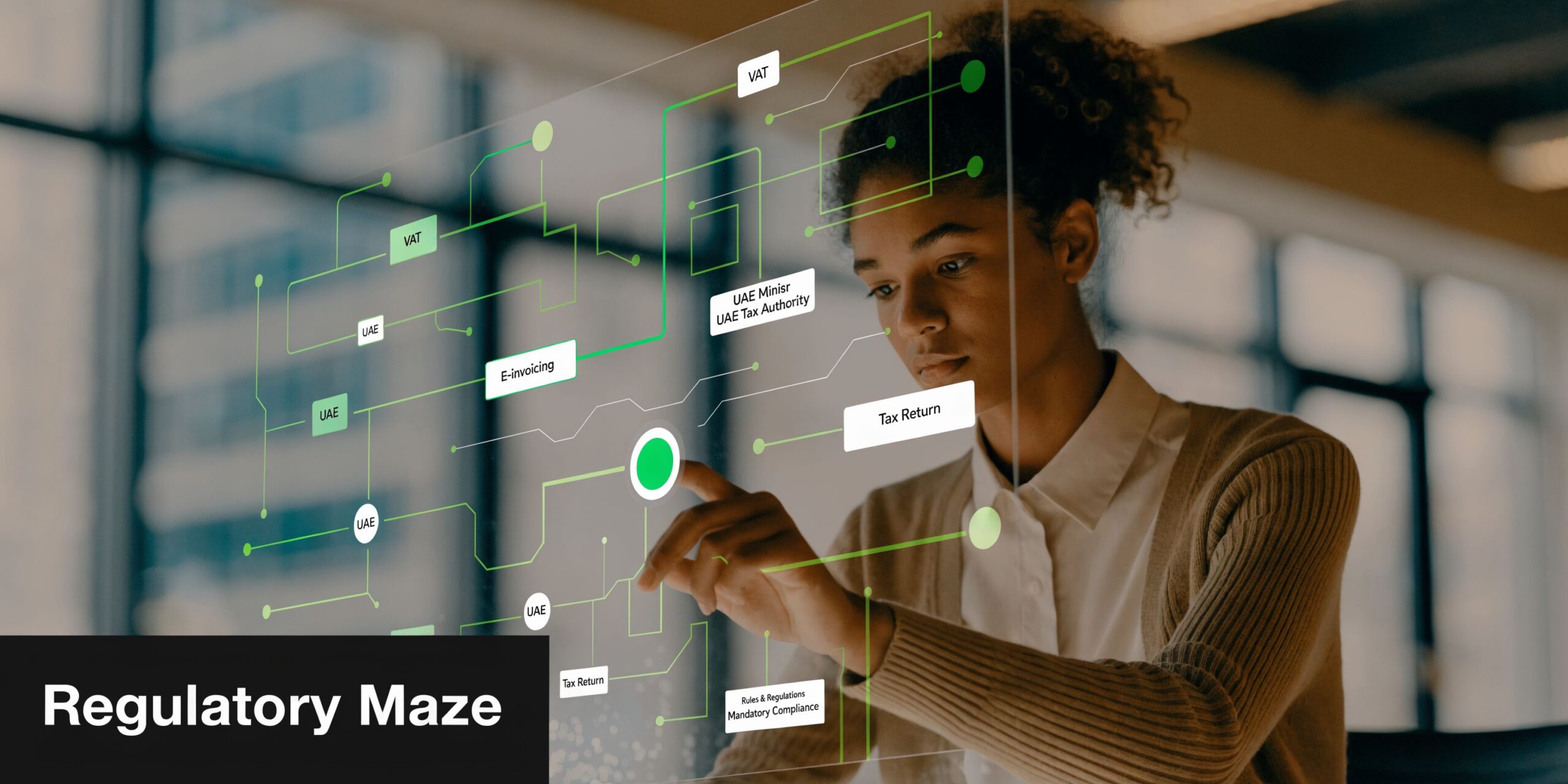 Boost Efficiency: ERP for Construction Companies UAE 2 A businesswoman interacting with a digital interface visualizing UAE tax regulations, compliance, and E-invoicing workflows.