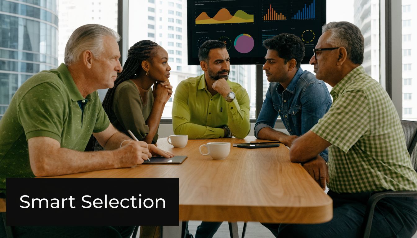 ERP Software for Construction Industry in UAE/GCC 2 A diverse group of business professionals sitting around a wooden table during a collaborative strategy meeting.