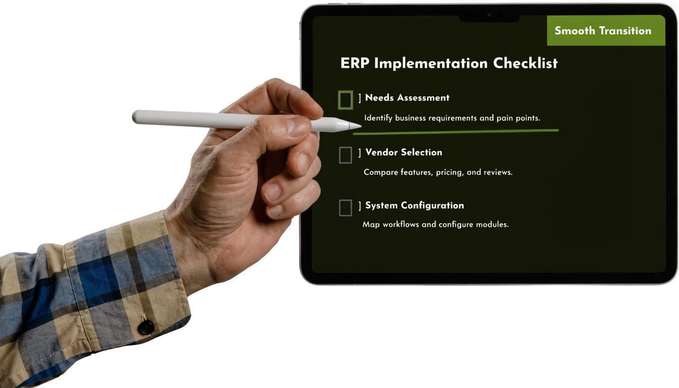 ERP Software for Construction Industry in UAE/GCC 3 A hand using a digital pen to check off items on an ERP implementation checklist tablet screen.