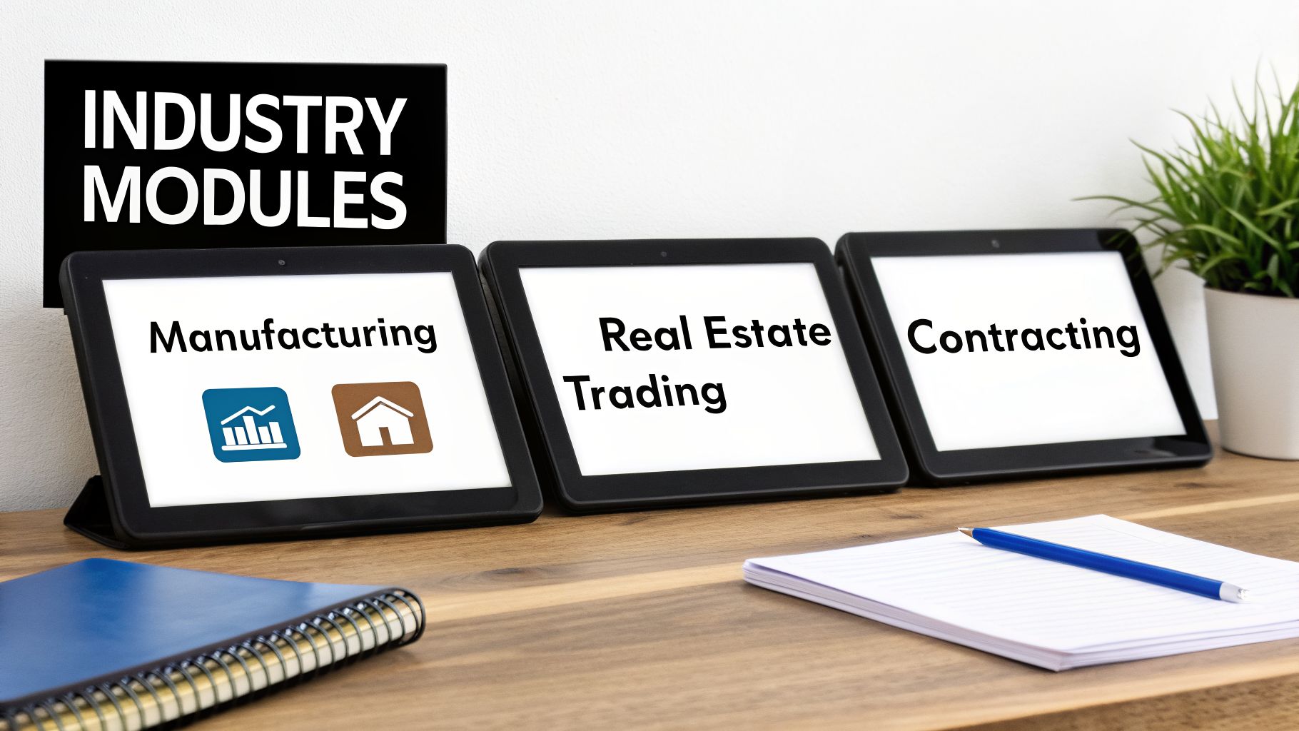 The Ultimate Guide to ERP Software UAE for 2026 3 Three tablets on a desk display industry modules for manufacturing, real estate, and contracting.