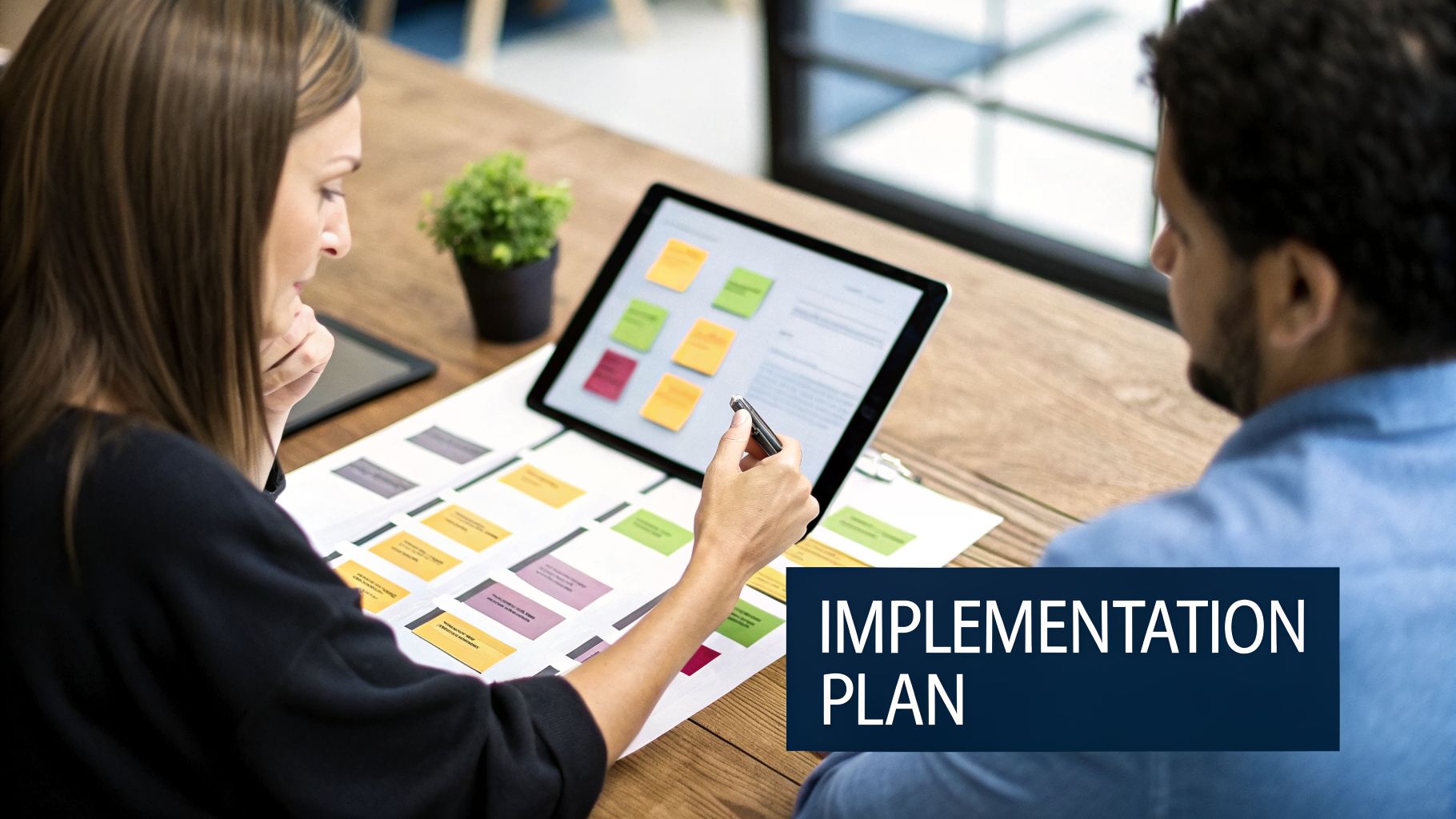 The Ultimate Guide to ERP Software UAE for 2026 4 Two people collaborate on an implementation plan, reviewing a tablet and documents with colorful notes.