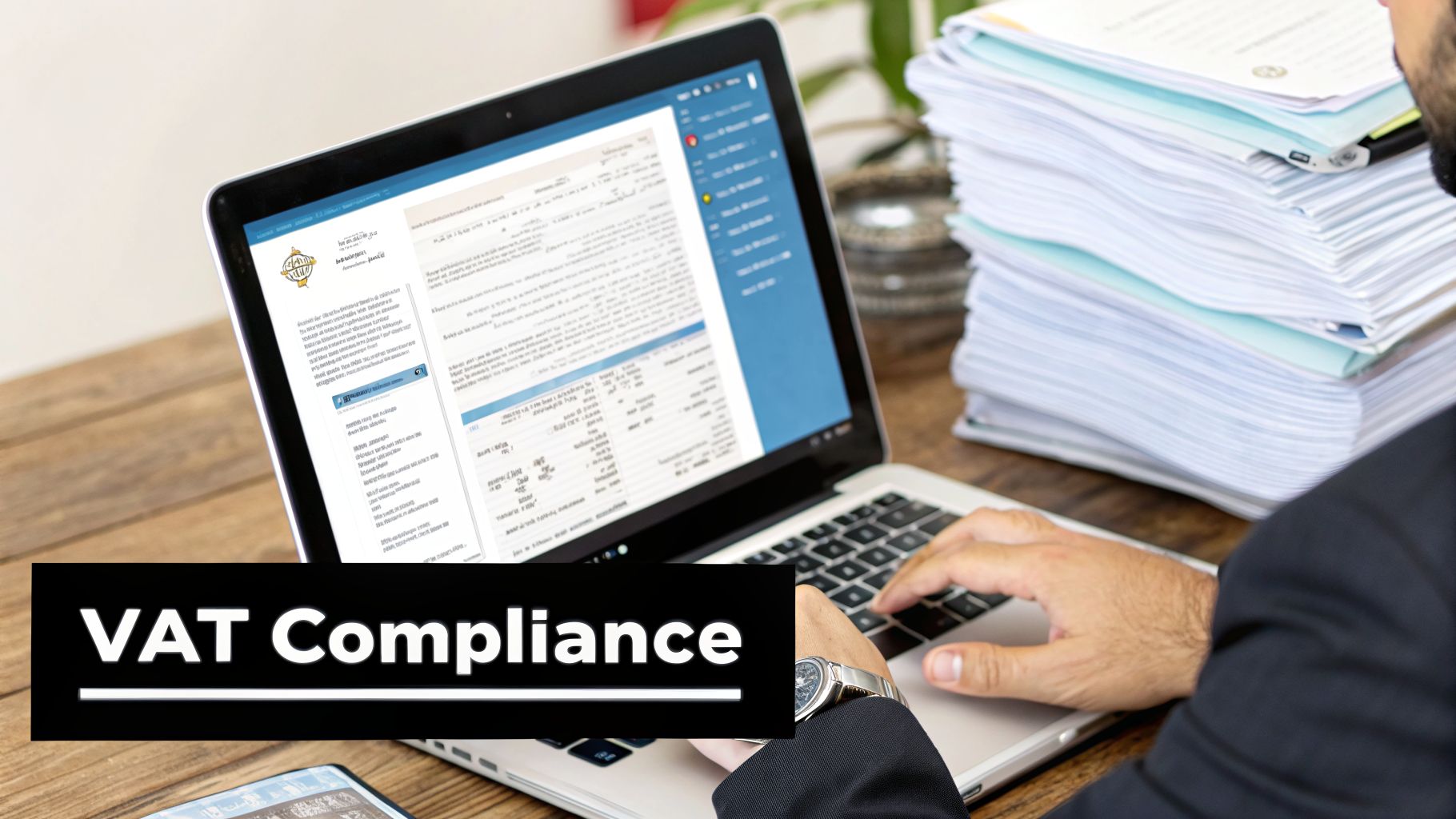 The Ultimate Guide to ERP Software UAE for 2026 2 A person works on a laptop showing a document, with a large stack of papers nearby and a 'VAT Compliance' label.