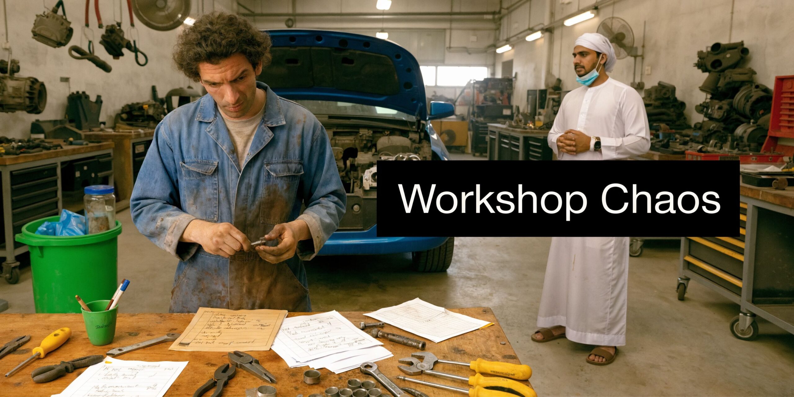 Top Garage Management Software UAE Guide 2026 1 A mechanic working on car parts at a workbench in an auto garage while a client watches.