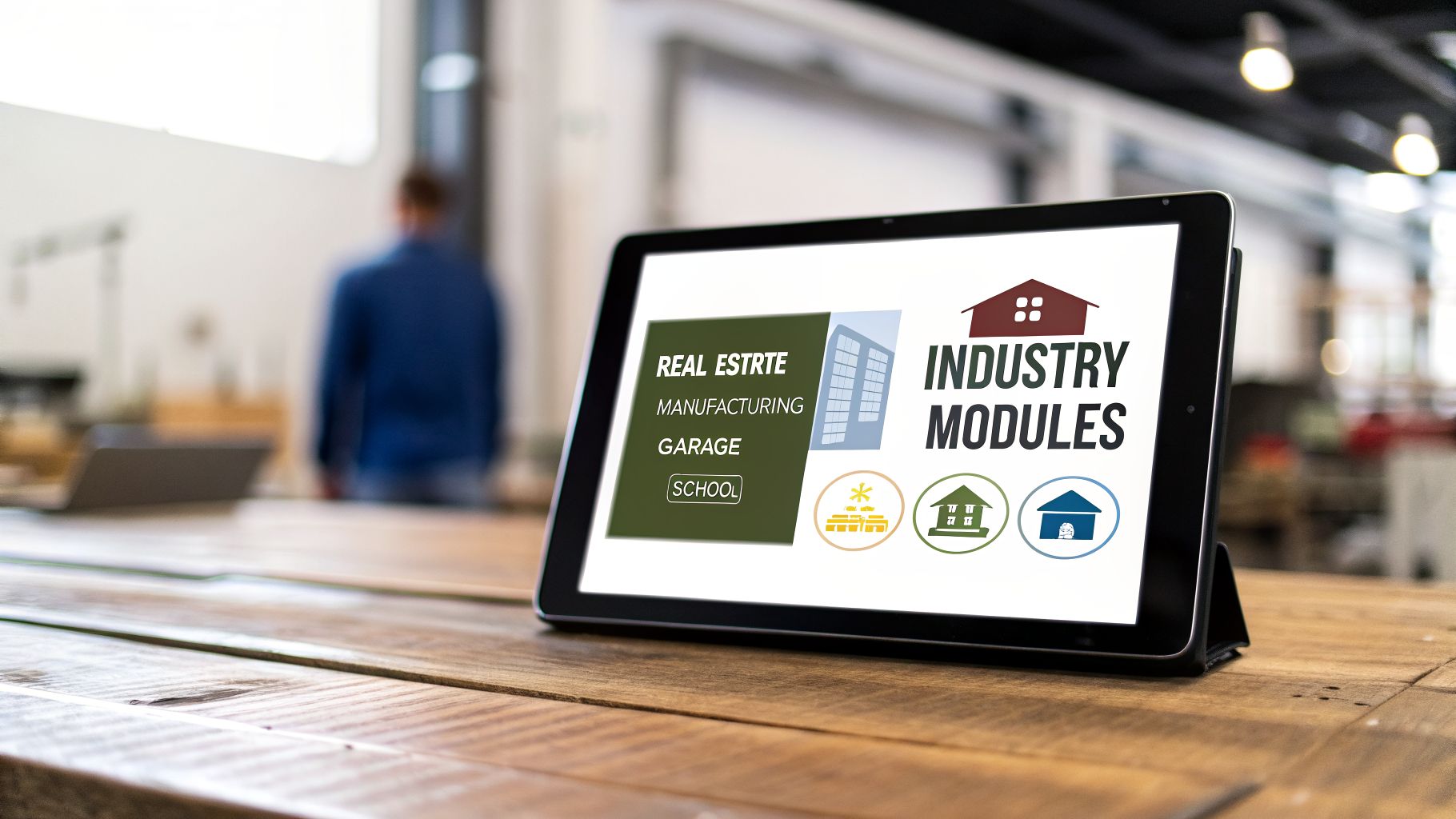 Hinawi ERP UAE: The Ultimate Guide for UAE & GCC Businesses in 2026 4 A tablet on a wooden desk displays 'Industry Modules' with icons for real estate, manufacturing, and school.