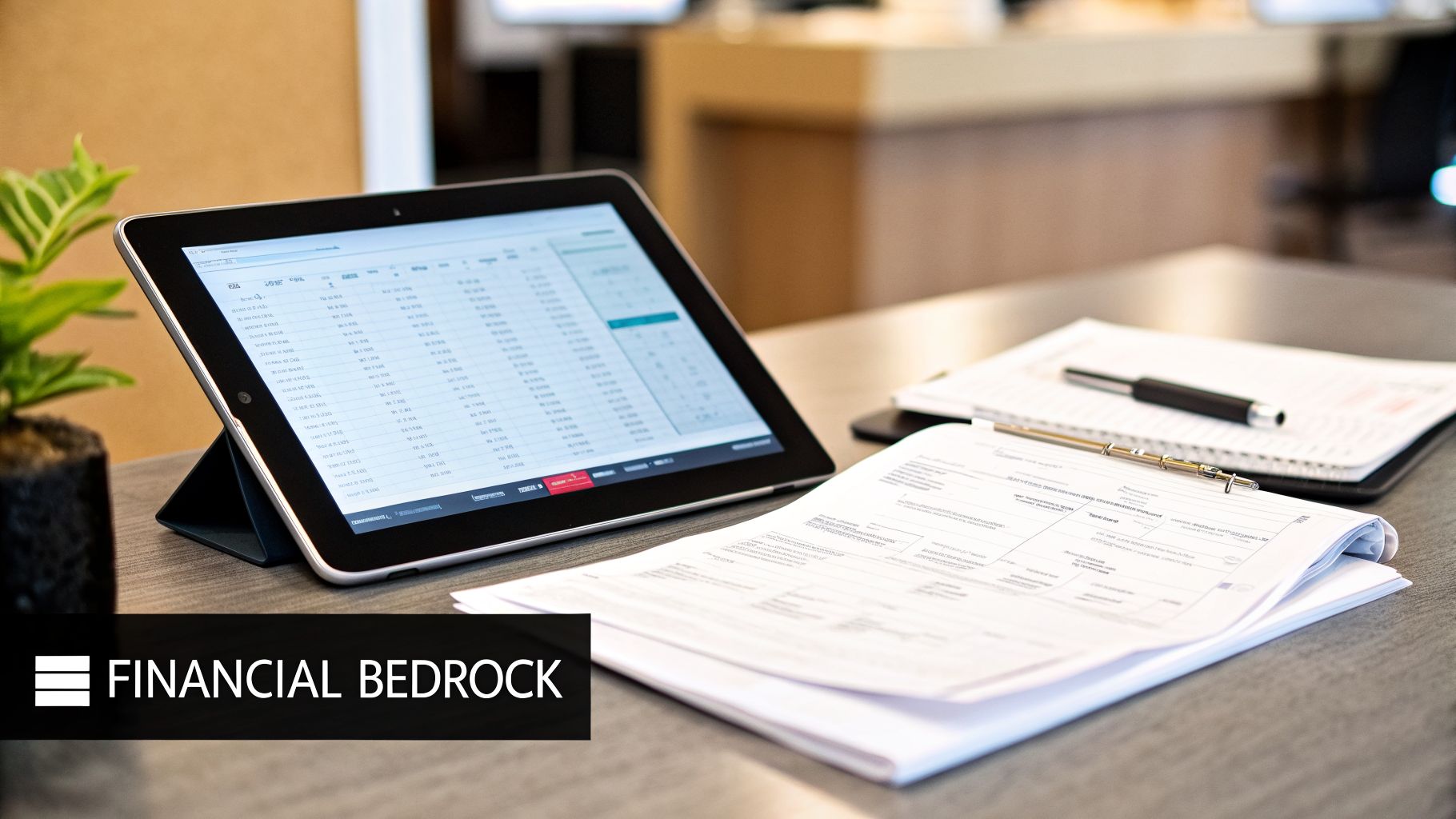 Hinawi ERP UAE: The Ultimate Guide for UAE & GCC Businesses in 2026 2 A tablet displaying financial data and documents on an office desk, symbolizing business and finance.