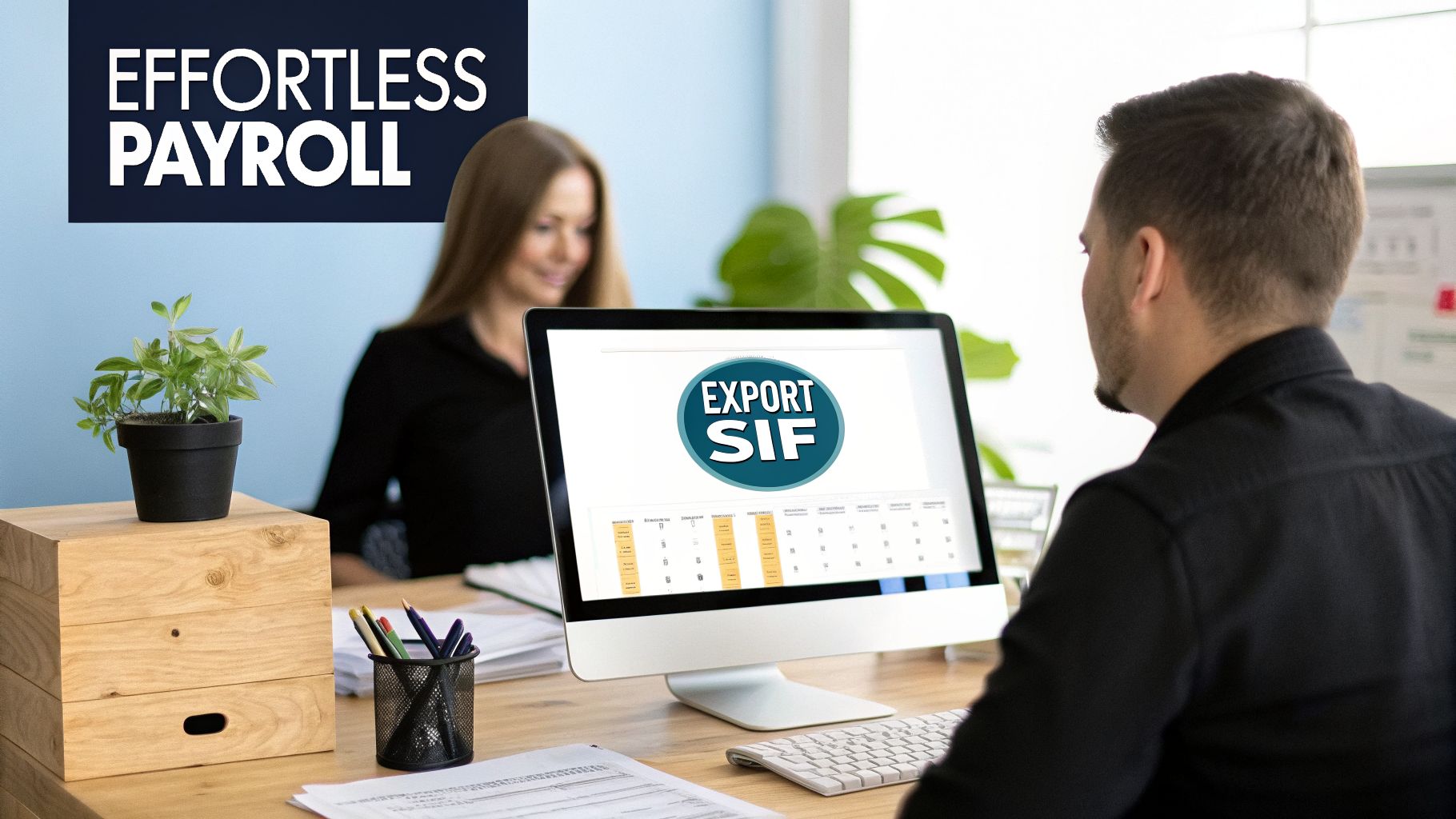 Hinawi ERP UAE: The Ultimate Guide for UAE & GCC Businesses in 2026 3 Two people in an office. A man uses a computer displaying 'EXPORT SIF' for 'EFFORTLESS PAYROLL'.