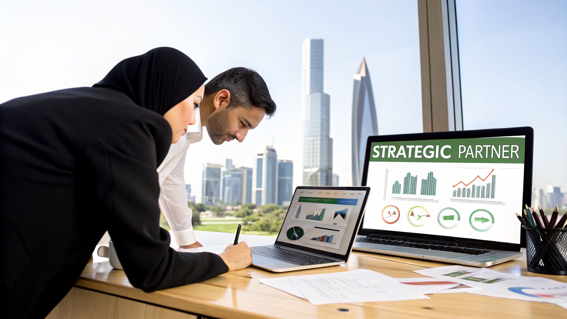 Hinawi ERP UAE: The Ultimate Guide for UAE & GCC Businesses in 2026 1 Two business partners analyze market data on laptops in a modern office overlooking a city skyline.