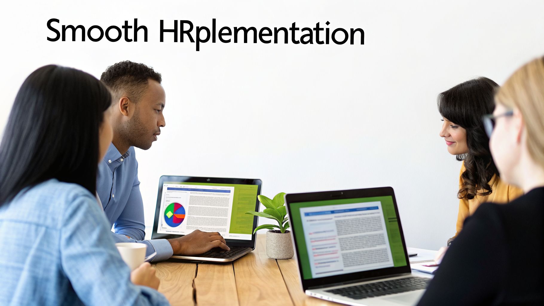 HR Payroll software UAE WPS for Seamless Compliance in 2026 4 A diverse team discusses "Smooth HRplementation" around a table with laptops.