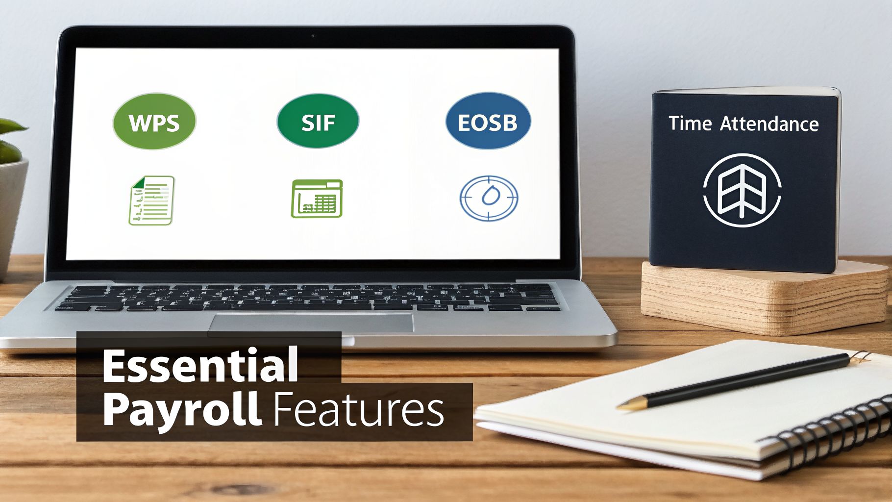 HR Payroll software UAE WPS for Seamless Compliance in 2026 2 A laptop displays essential payroll features including WPS, SIF, EOSB, alongside a time attendance block on a desk.