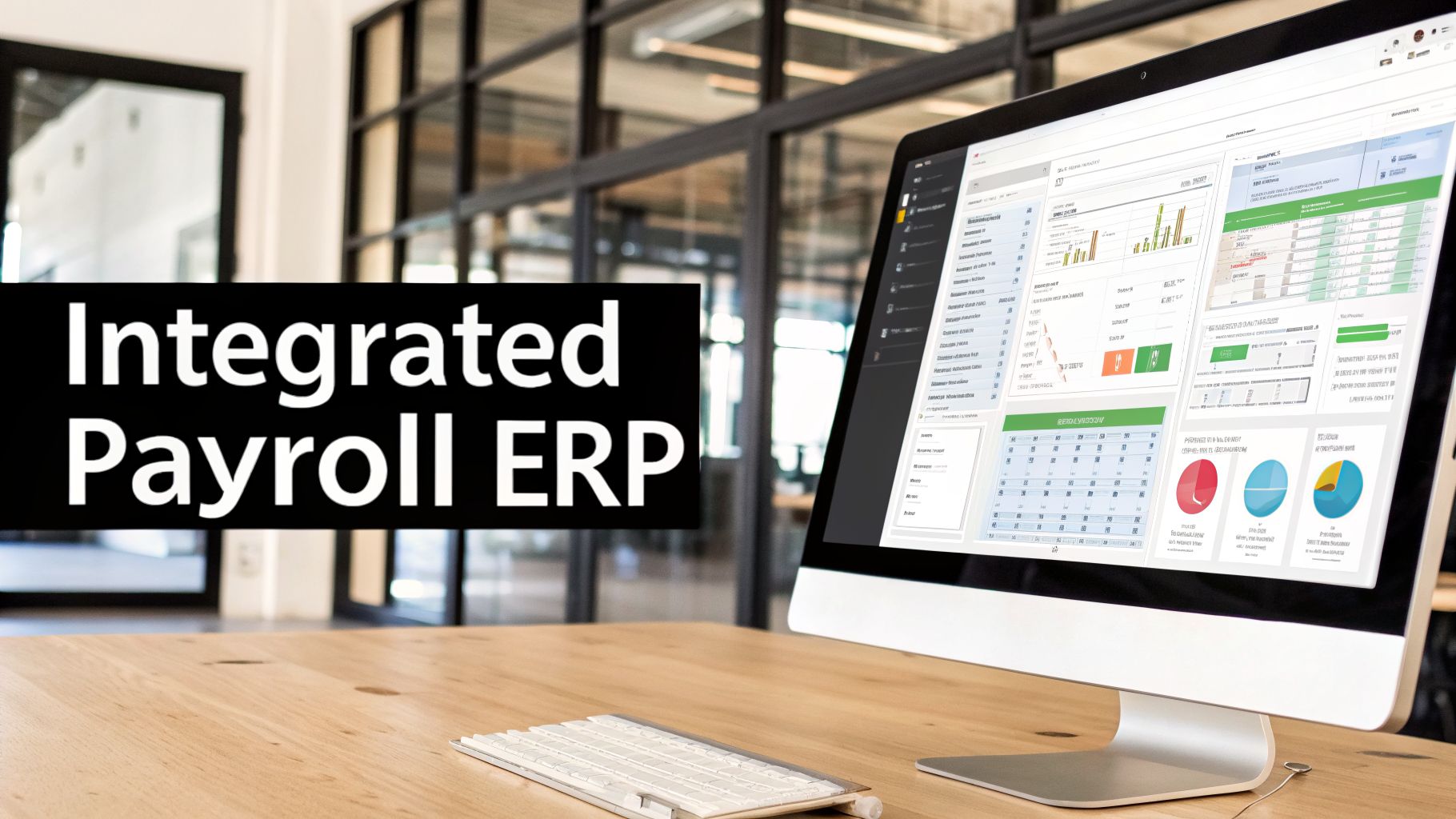HR Payroll software UAE WPS for Seamless Compliance in 2026 3 A computer monitor displays an integrated payroll ERP software dashboard with charts and data in an office setting.