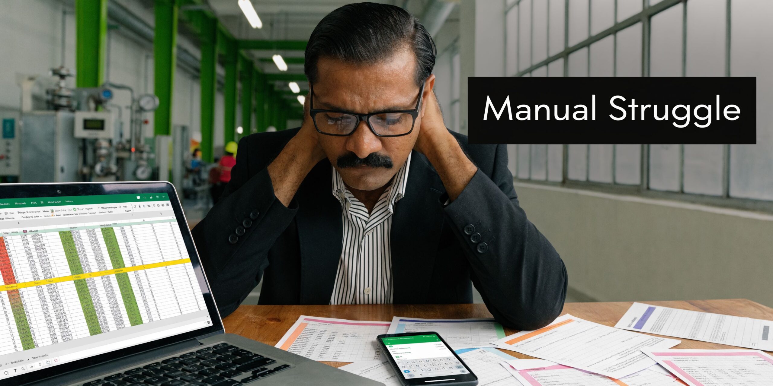 Manufacturing ERP UAE: Optimize Your Factory 2026 1 A stressed man wearing glasses sits at a desk with a laptop and paperwork, struggling with manual data.