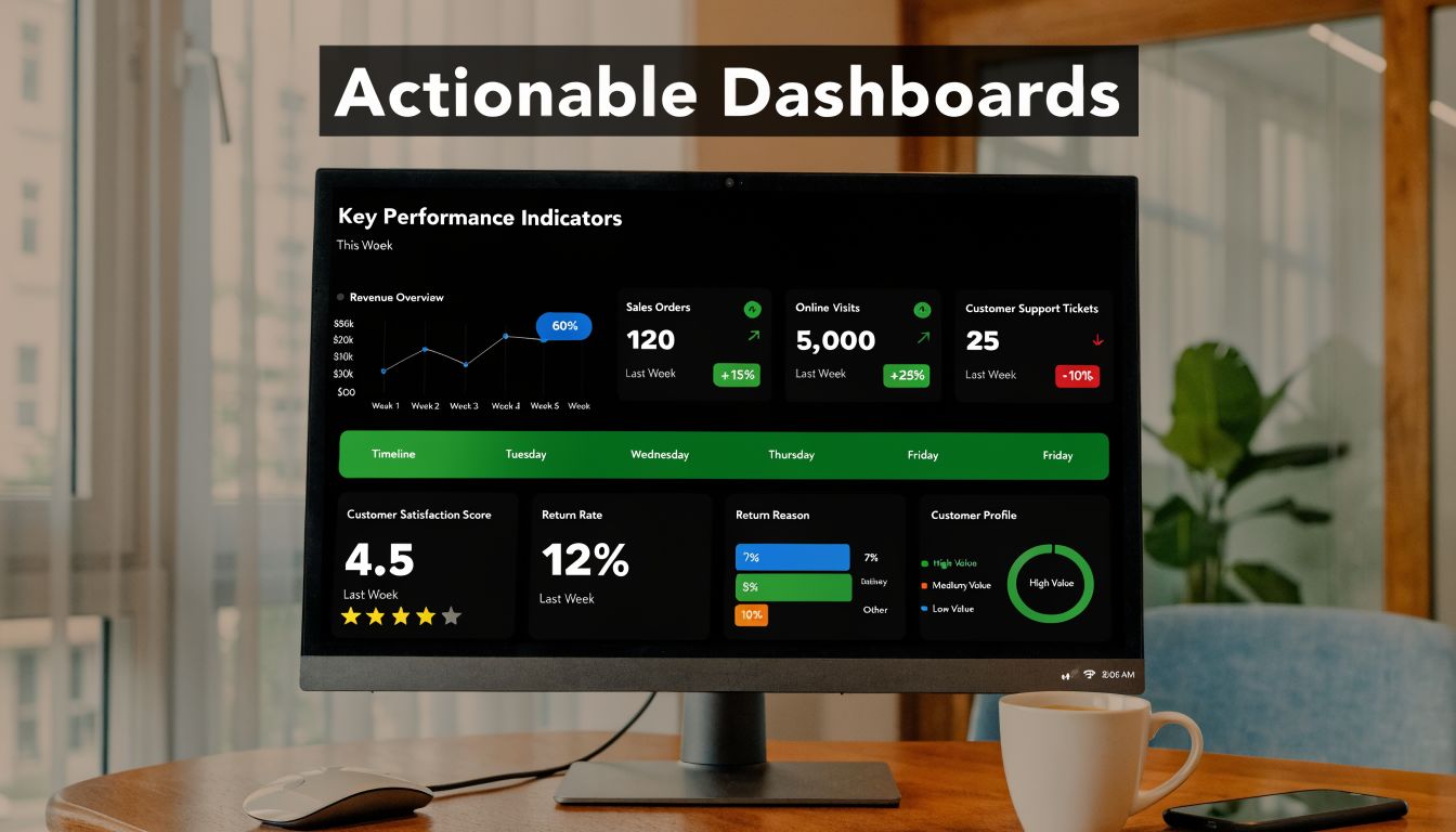 Master MIS and Reporting for UAE & GCC Success 3 A computer monitor displaying a business dashboard with Key Performance Indicators on a wooden desk.
