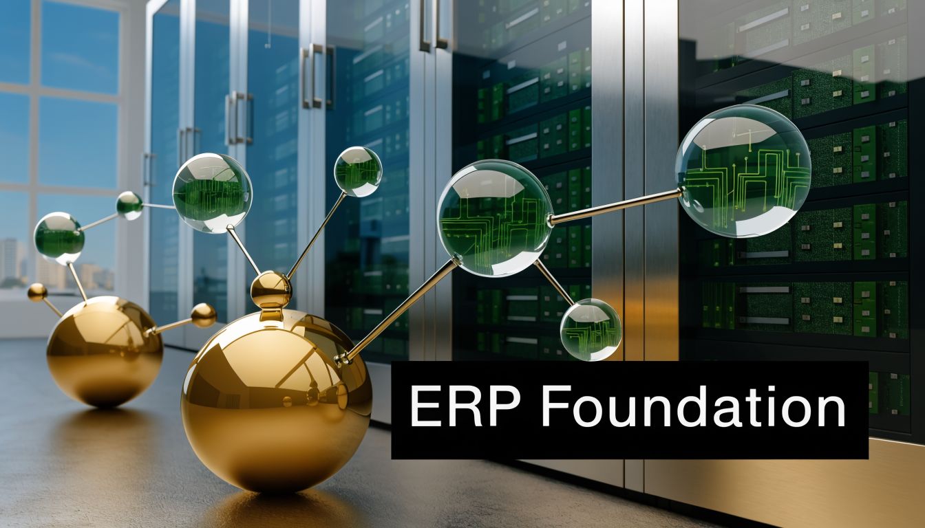 Master MIS and Reporting for UAE & GCC Success 2 Gold spheres connected to circuit-like glass orbs in front of a modern server room, labeled ERP Foundation.