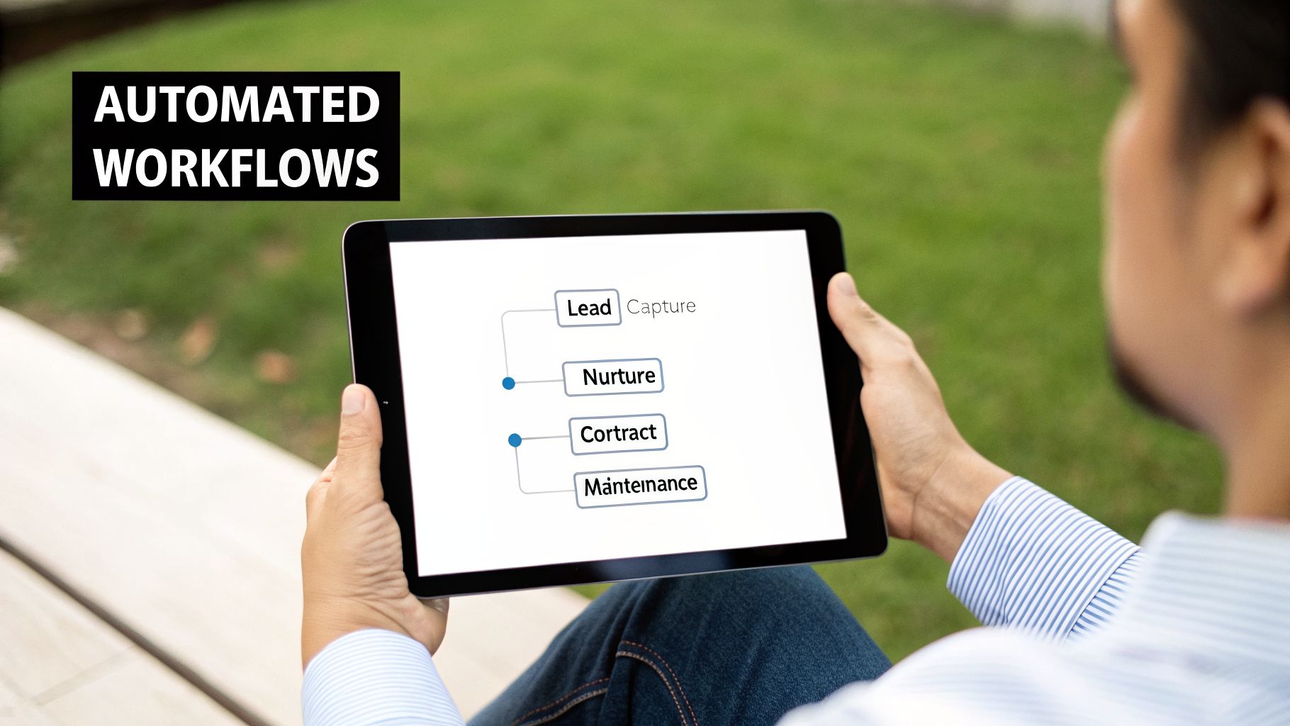 Elevate Your Agency: A Consultant's Guide to Real Estate Customer Relationship Management in the UAE 4 Person holding a tablet displaying a flowchart for automated customer relationship management workflows, including lead capture and nurturing.