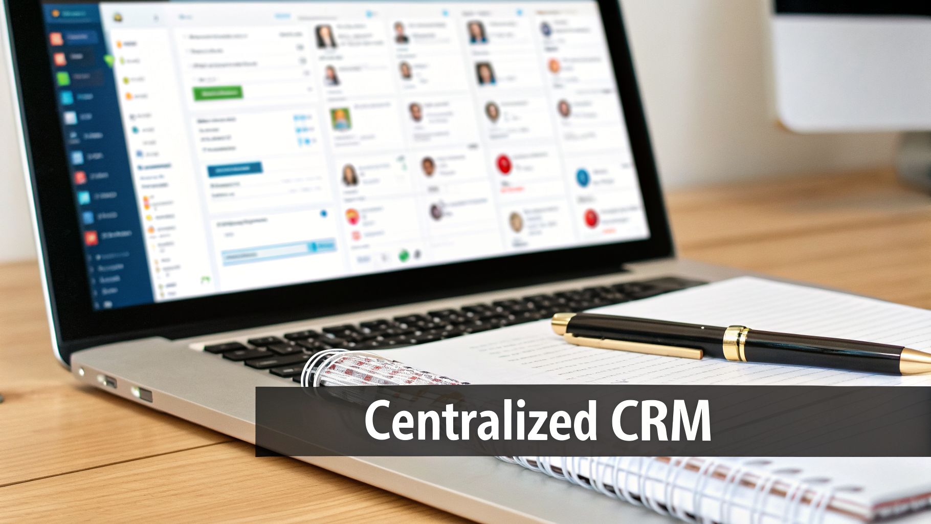 Elevate Your Agency: A Consultant's Guide to Real Estate Customer Relationship Management in the UAE 2 A laptop displaying a centralized CRM software interface with contact profiles, next to a pen and notebooks on a wooden desk.