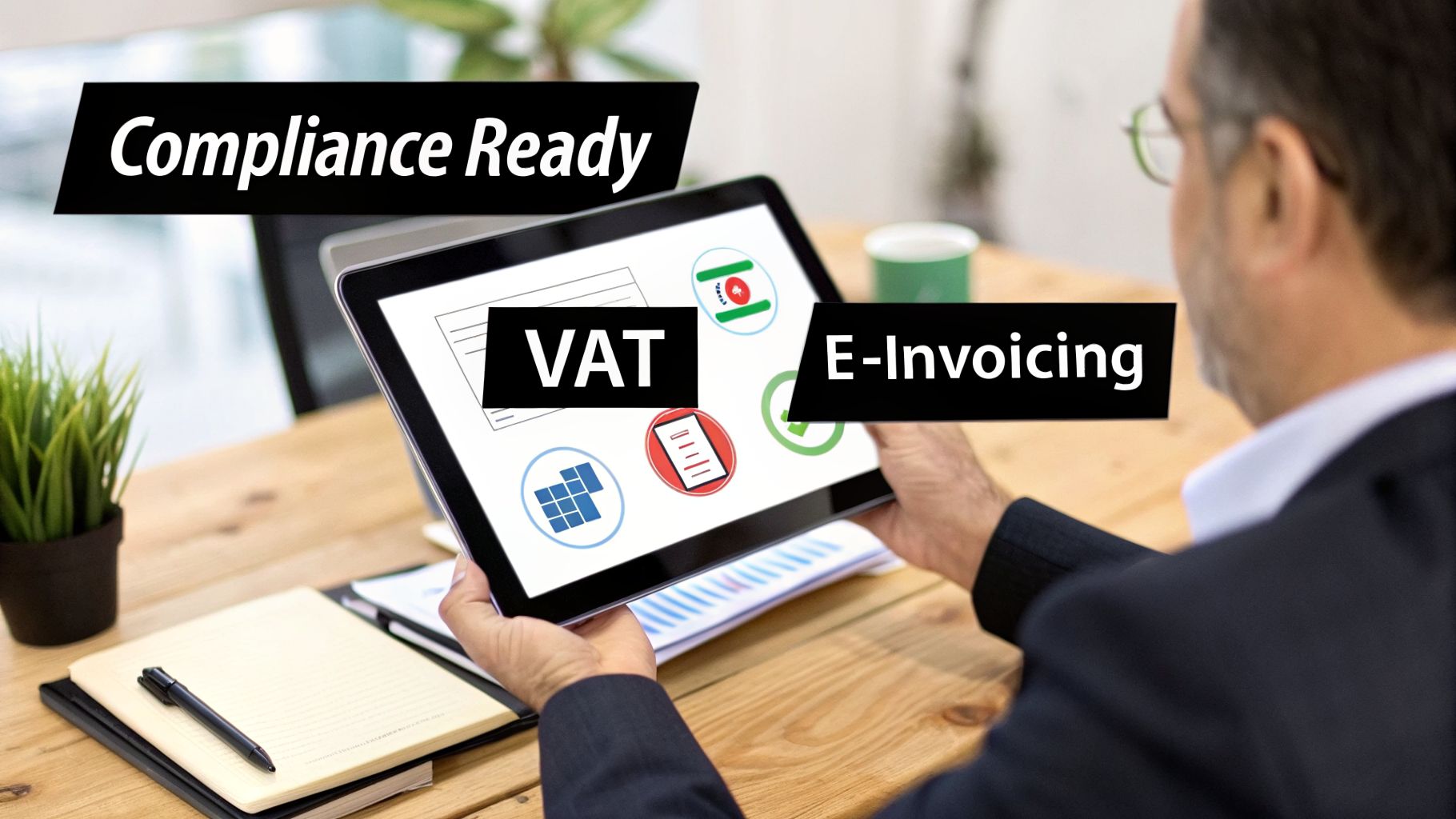 Real Estate Management ERP UAE: The Ultimate Guide for 2026 3 A person holds a tablet displaying 'Compliance Ready', 'VAT', and 'E-Invoicing' text with business icons.