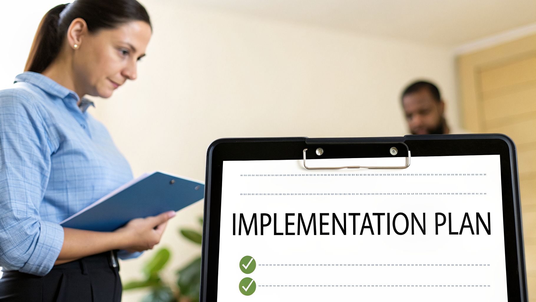 Real Estate Management ERP UAE: The Ultimate Guide for 2026 4 Woman reviews an implementation plan with checkmarks on a clipboard, discussing with a colleague.