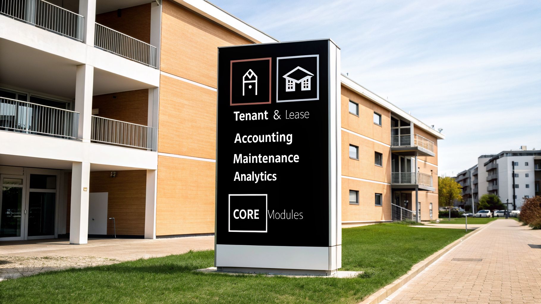 Real Estate Management ERP UAE: The Ultimate Guide for 2026 2 A black sign in front of modern apartment buildings displaying real estate management software modules like Tenant & Lease, Accounting, Maintenance, and Analytics.