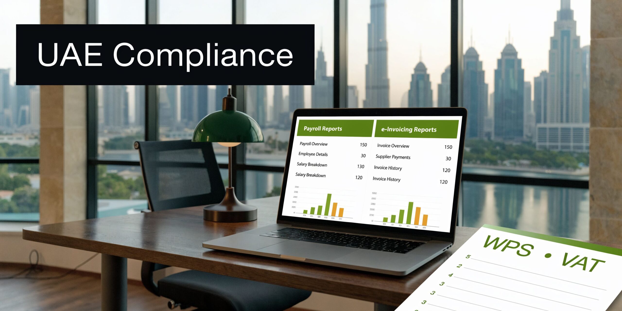 The Ultimate Guide to School Management Software in the UAE for 2026 3 A laptop on a wooden desk displaying payroll and e-invoicing reports with a Dubai skyline background.