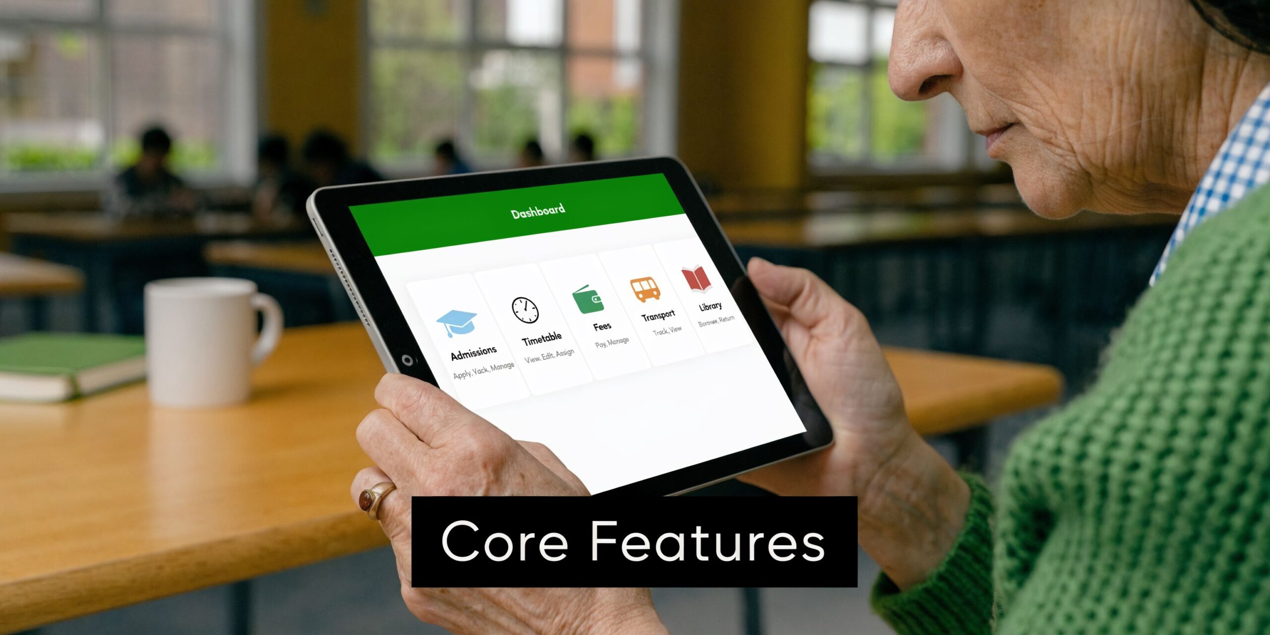 The Ultimate Guide to School Management Software in the UAE for 2026 2 A senior person holding a tablet displaying a school dashboard with various management icons and text.