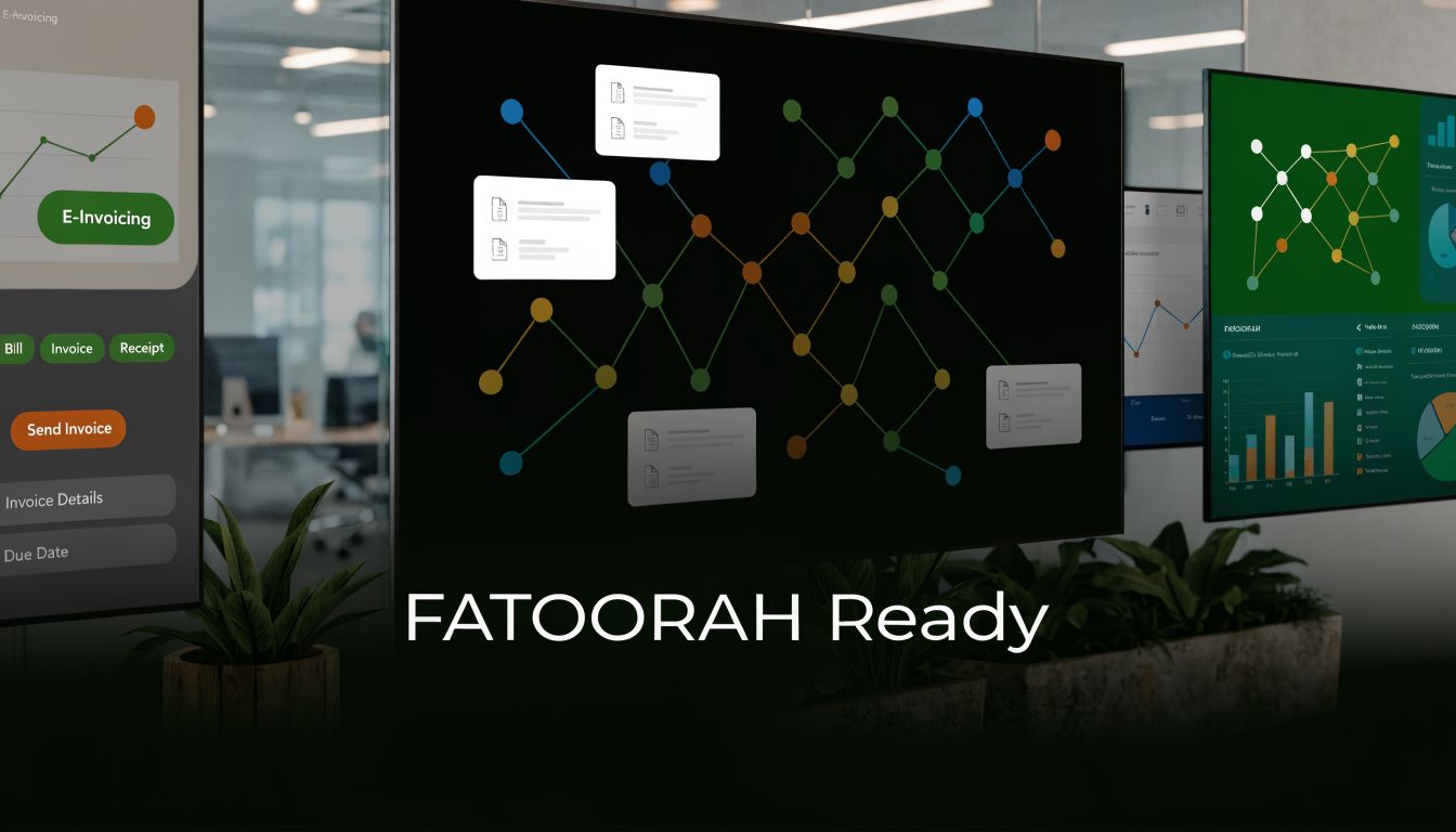 Value Added Tax in Saudi Arabia: Your 2026 Compliance Guide 2 A digital display showing business data visualization, invoices, and analytics, emphasizing FATOORAH readiness for financial compliance.