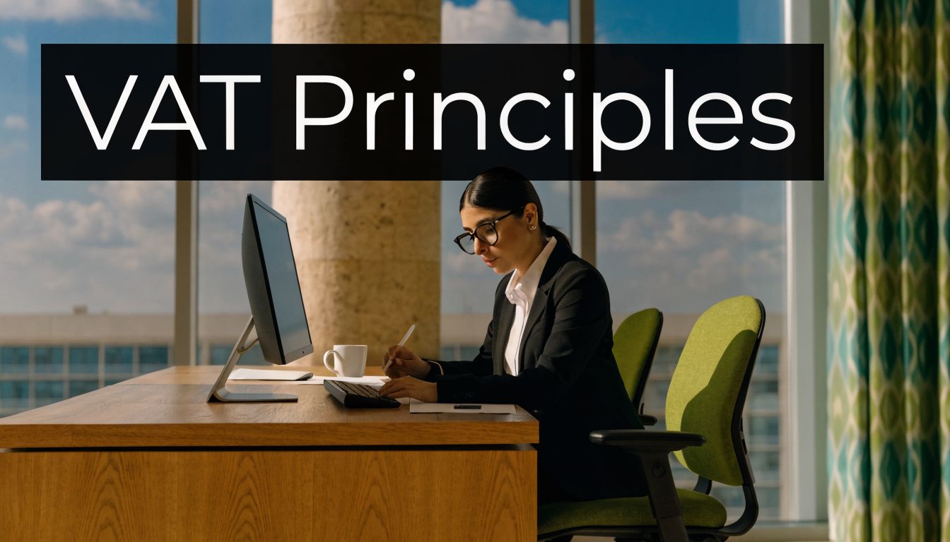 Value Added Tax in Saudi Arabia: Your 2026 Compliance Guide 1 A businesswoman wearing glasses working at a modern office desk with the text VAT Principles displayed above.