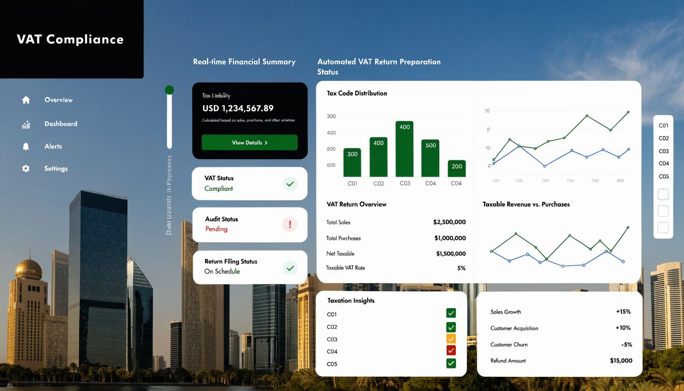 Mastering VAT Accounting UAE ERP: 2026 Guide 1 A professional digital dashboard displaying VAT compliance, financial summaries, tax status, and automated return preparation metrics.