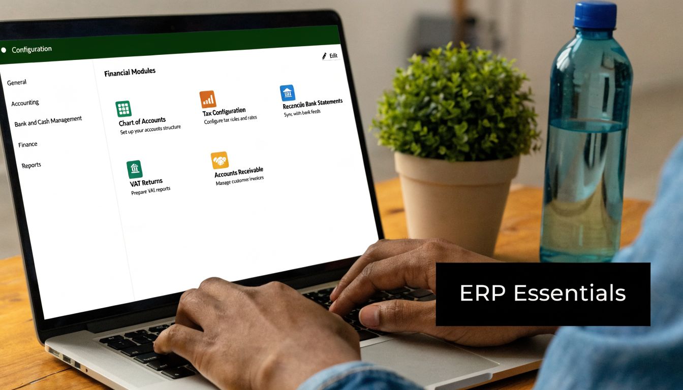 Mastering VAT Accounting UAE ERP: 2026 Guide 2 A person using a laptop to configure financial ERP modules including VAT returns and account settings.