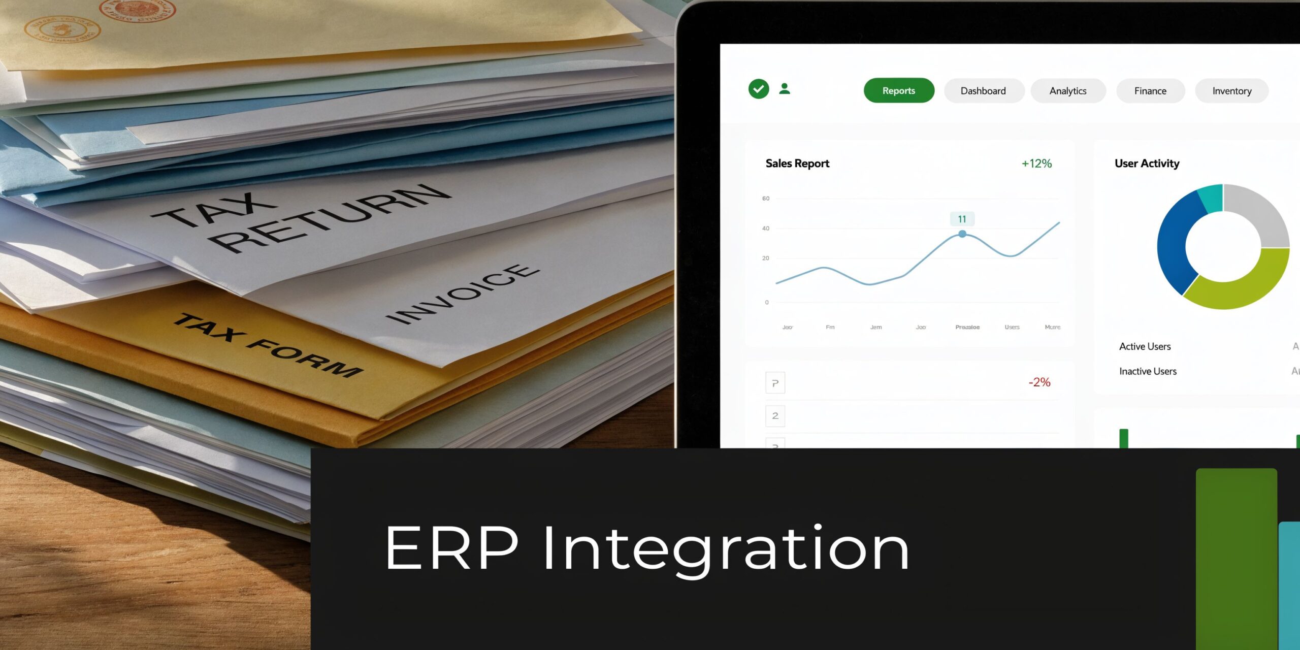 VAT Compliant ERP UAE: The 2026 Compliance Guide 2 A tablet displaying an ERP dashboard next to a stack of tax returns and invoice documents.